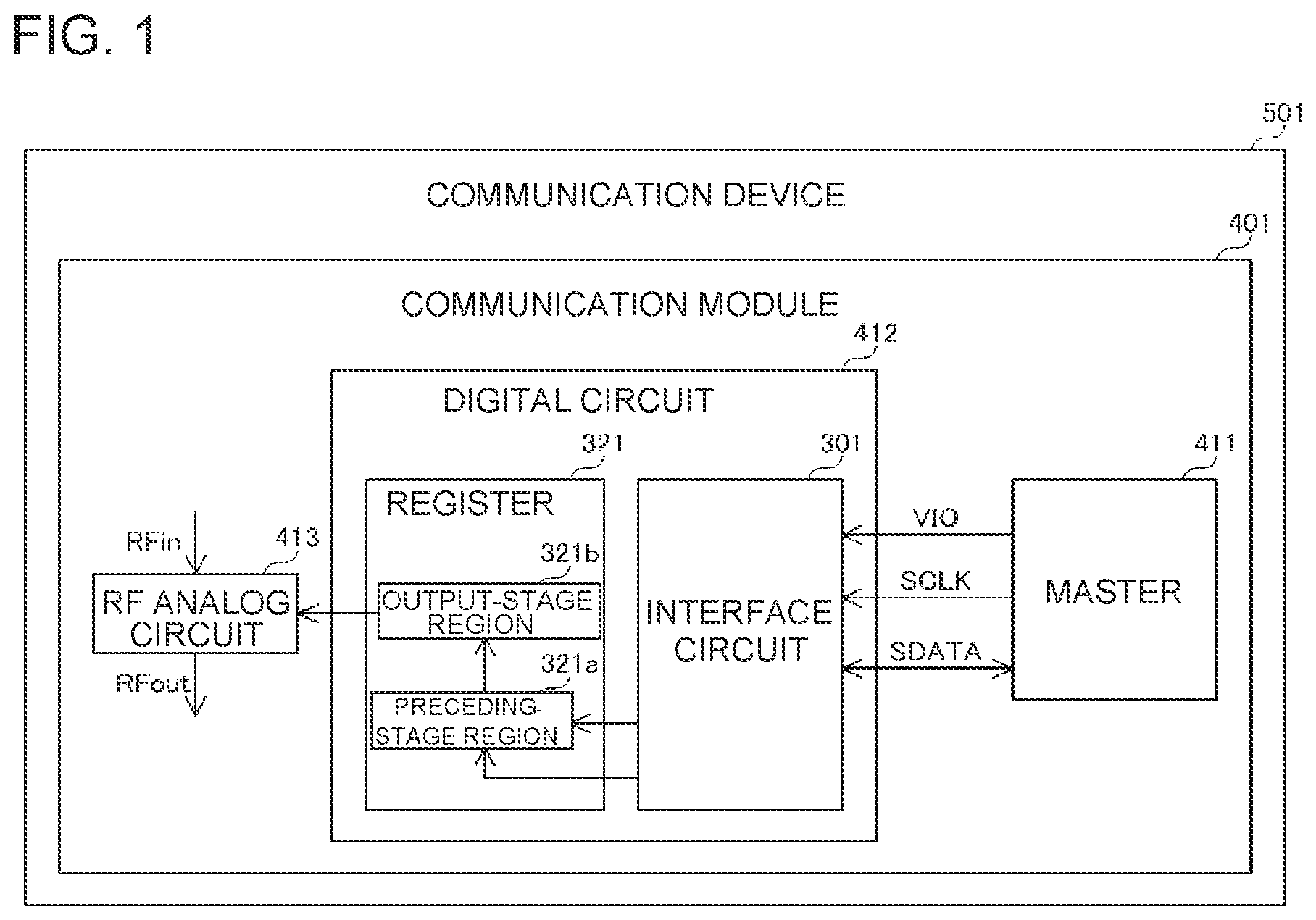 Patent US12468647 Figure 1 – Interface circuit, digital circuit, communication module, and communication device