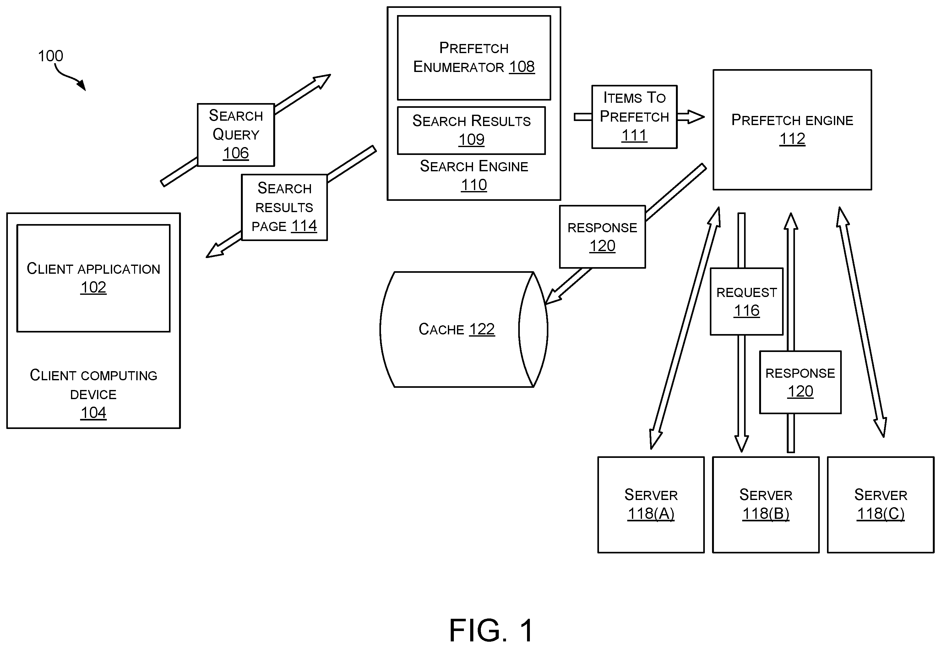 Patent US12468700 Figure 1 – Asynchronous predictive caching of content listed in search results