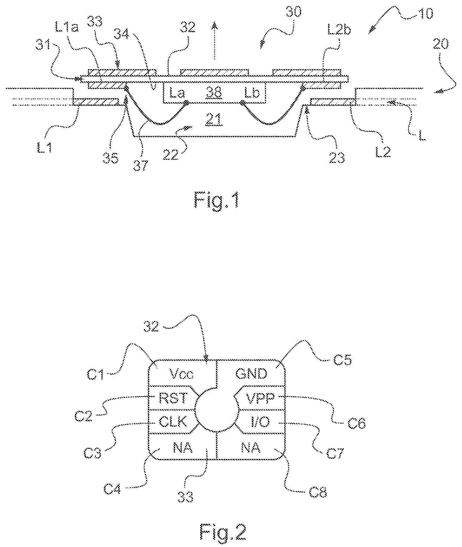 Patent US12468918 Figure 1 – Electronic document module comprising a chip and a contact interface with an antenna connected to an I/O port of the chip, electronic document comprising such a module and method for checking a connection between the module and a corresponding antenna