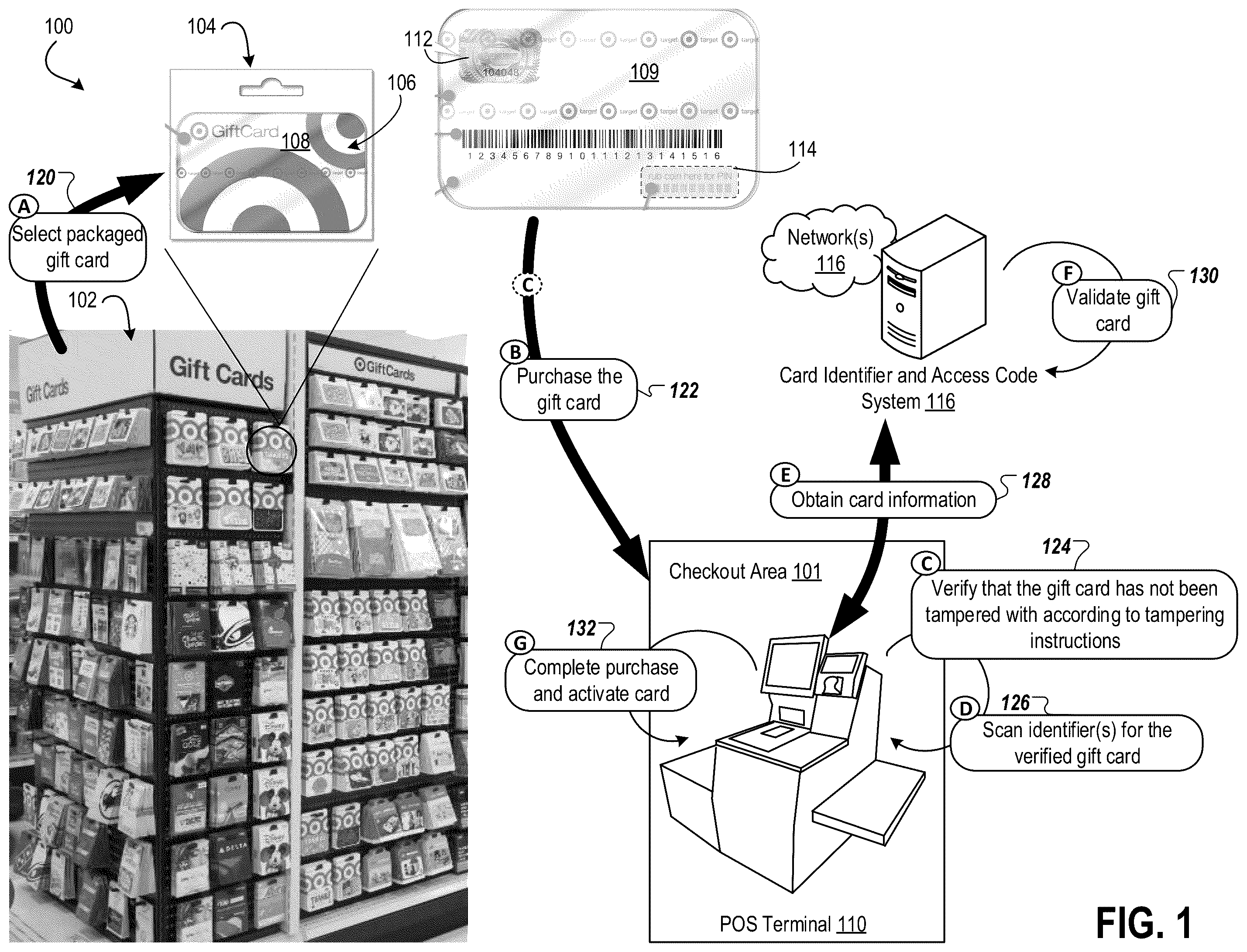 Patent US12468919 Figure 1 – Gift card having coin reactive ink and other tamperproof properties