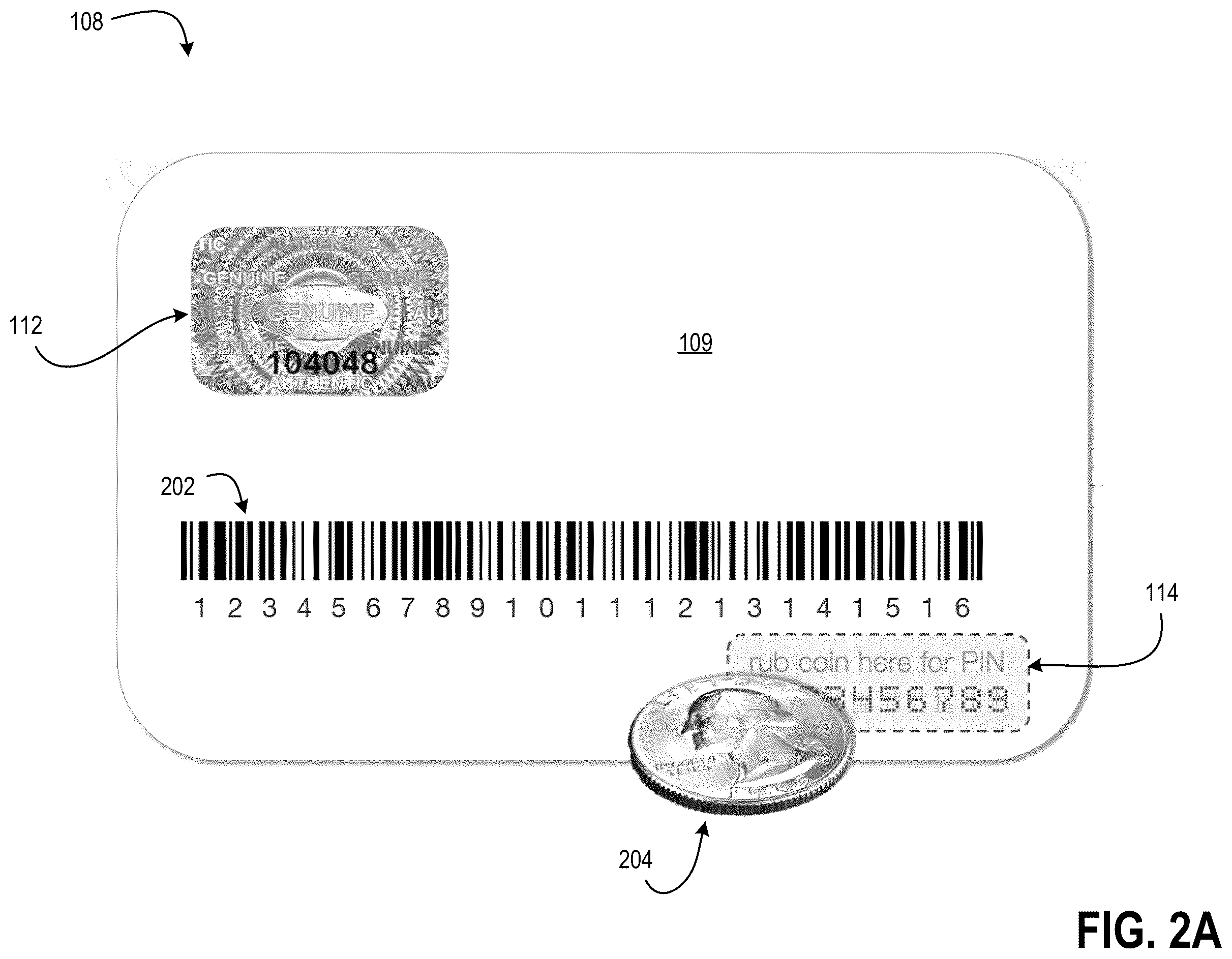 Patent US12468919 Figure 2 – Gift card having coin reactive ink and other tamperproof properties