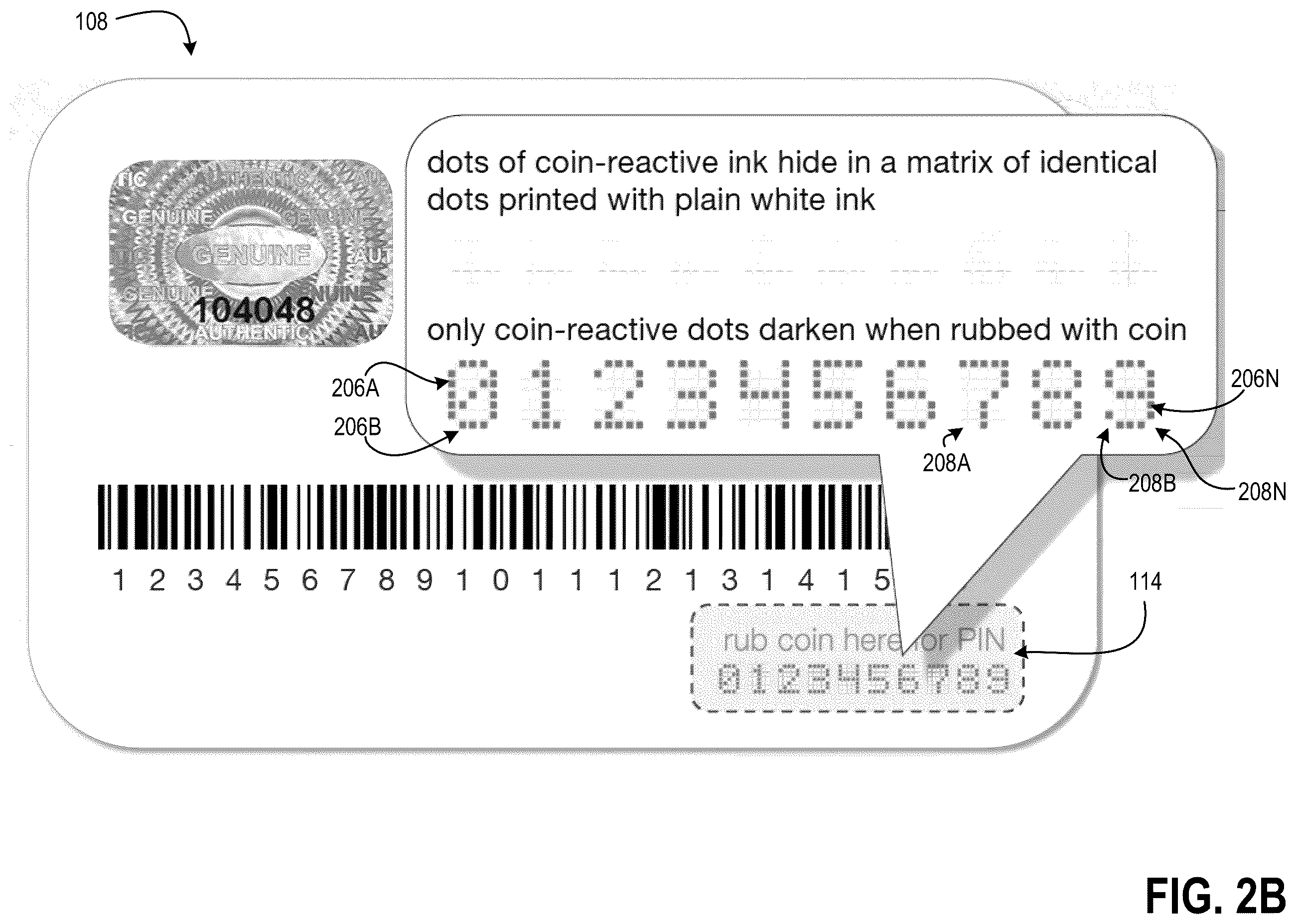 Patent US12468919 Figure 3 – Gift card having coin reactive ink and other tamperproof properties