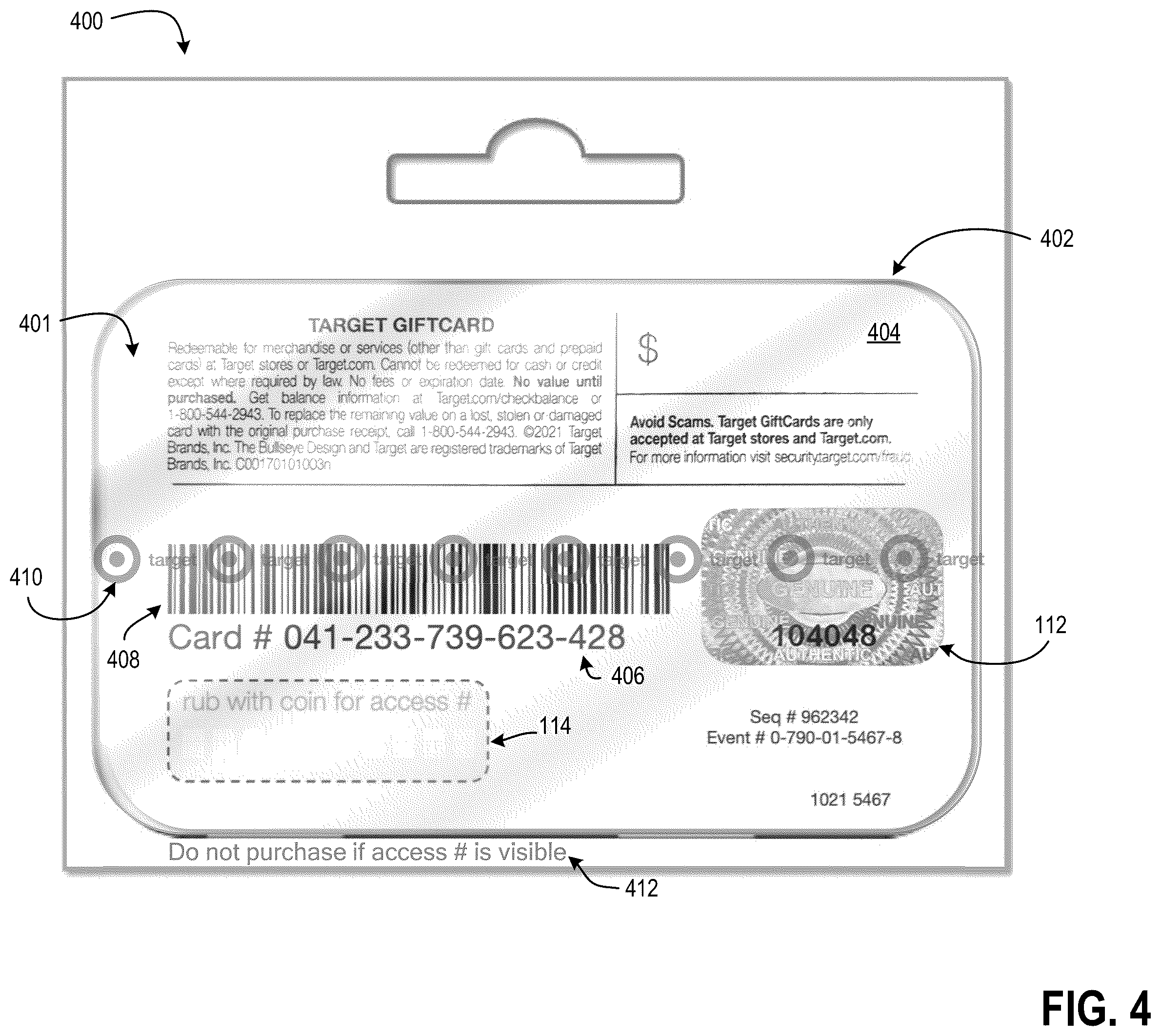 Patent US12468919 Figure 5 – Gift card having coin reactive ink and other tamperproof properties