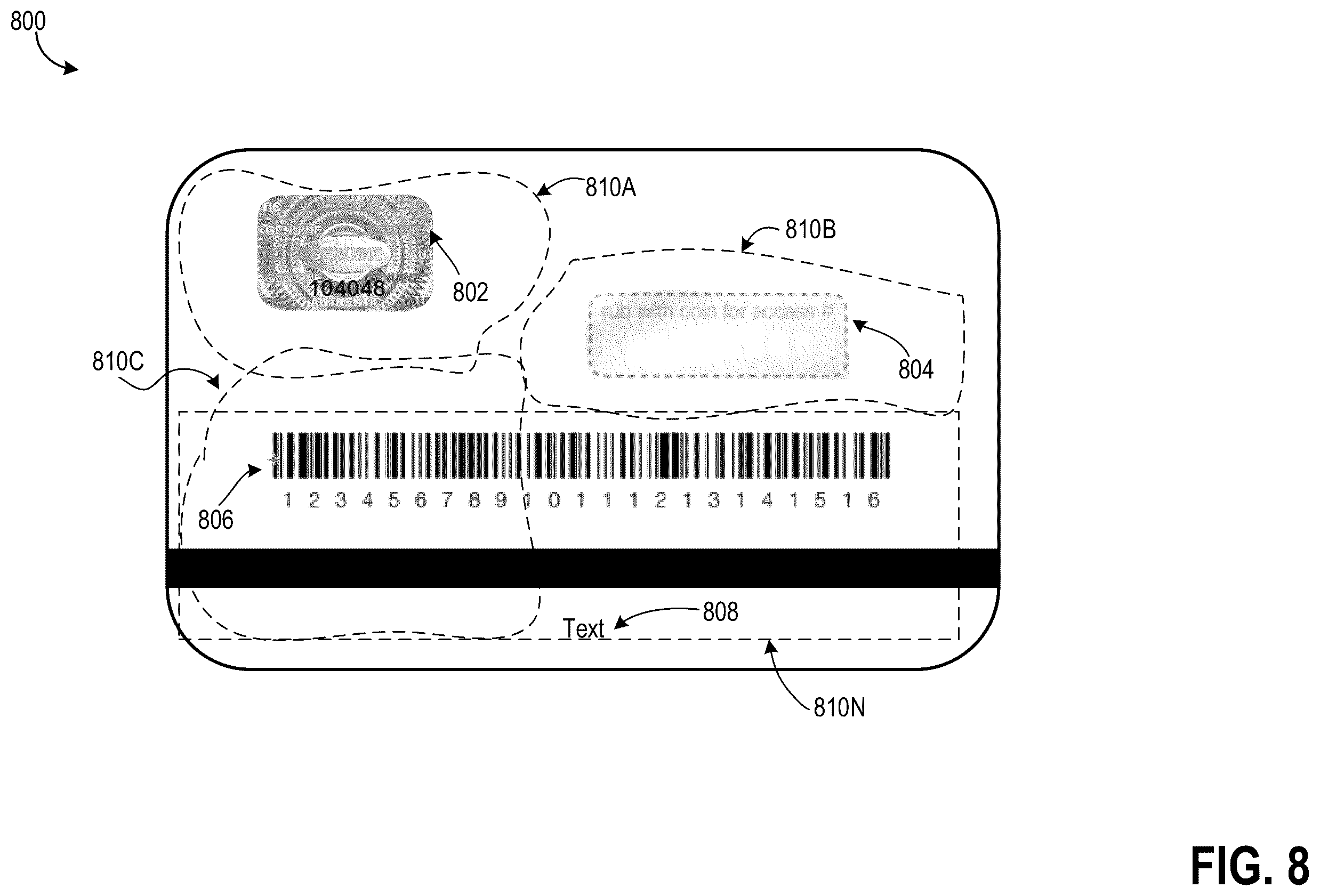 Patent US12468919 Figure 10 – Gift card having coin reactive ink and other tamperproof properties
