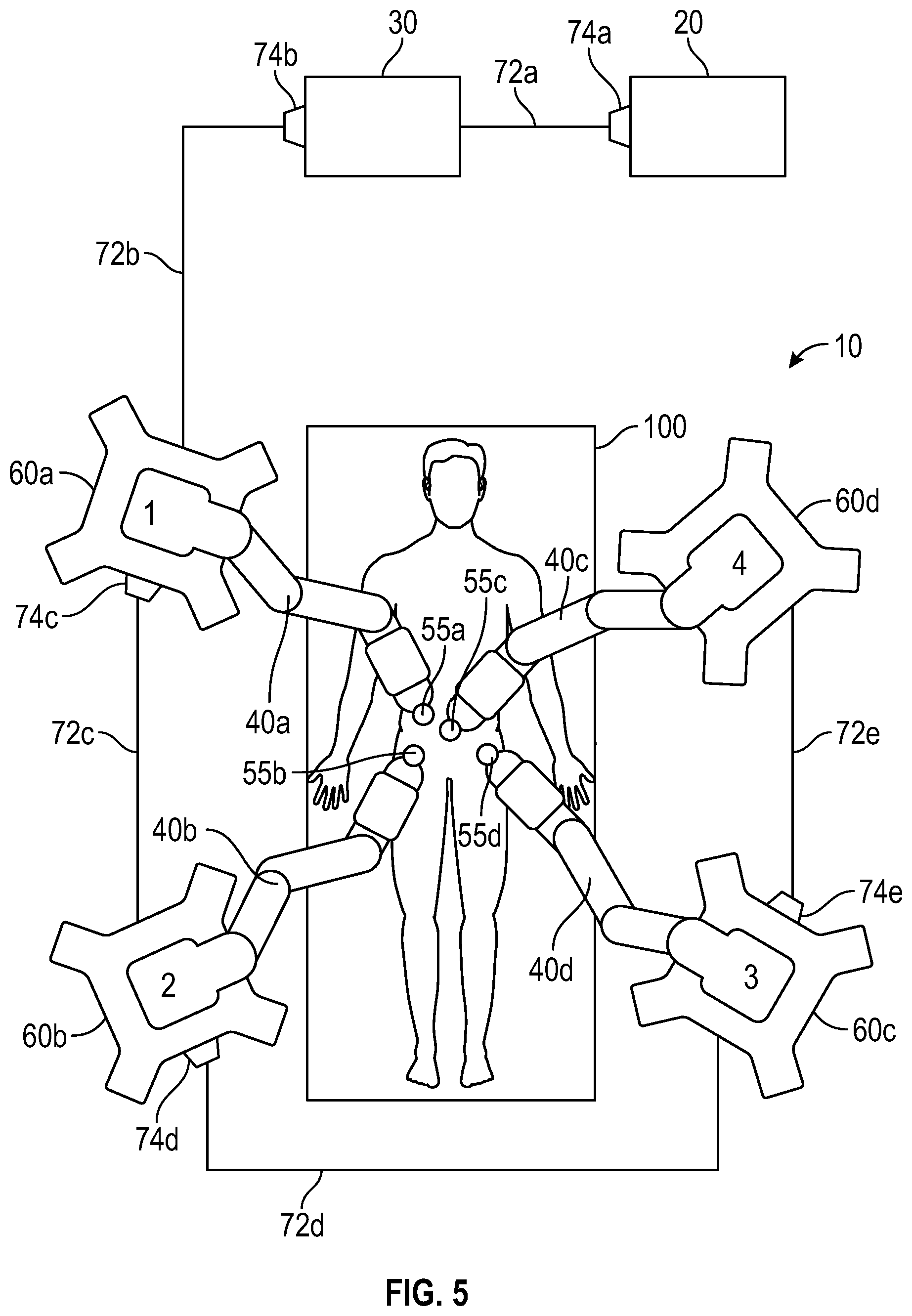 Patent US12472022 Figure 5 – Surgical robotic system with daisy chaining