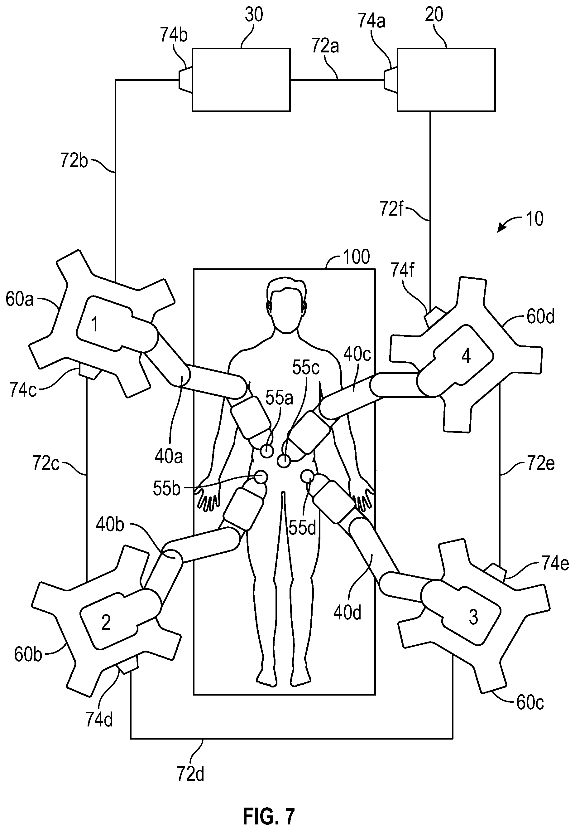 Patent US12472022 Figure 7 – Surgical robotic system with daisy chaining