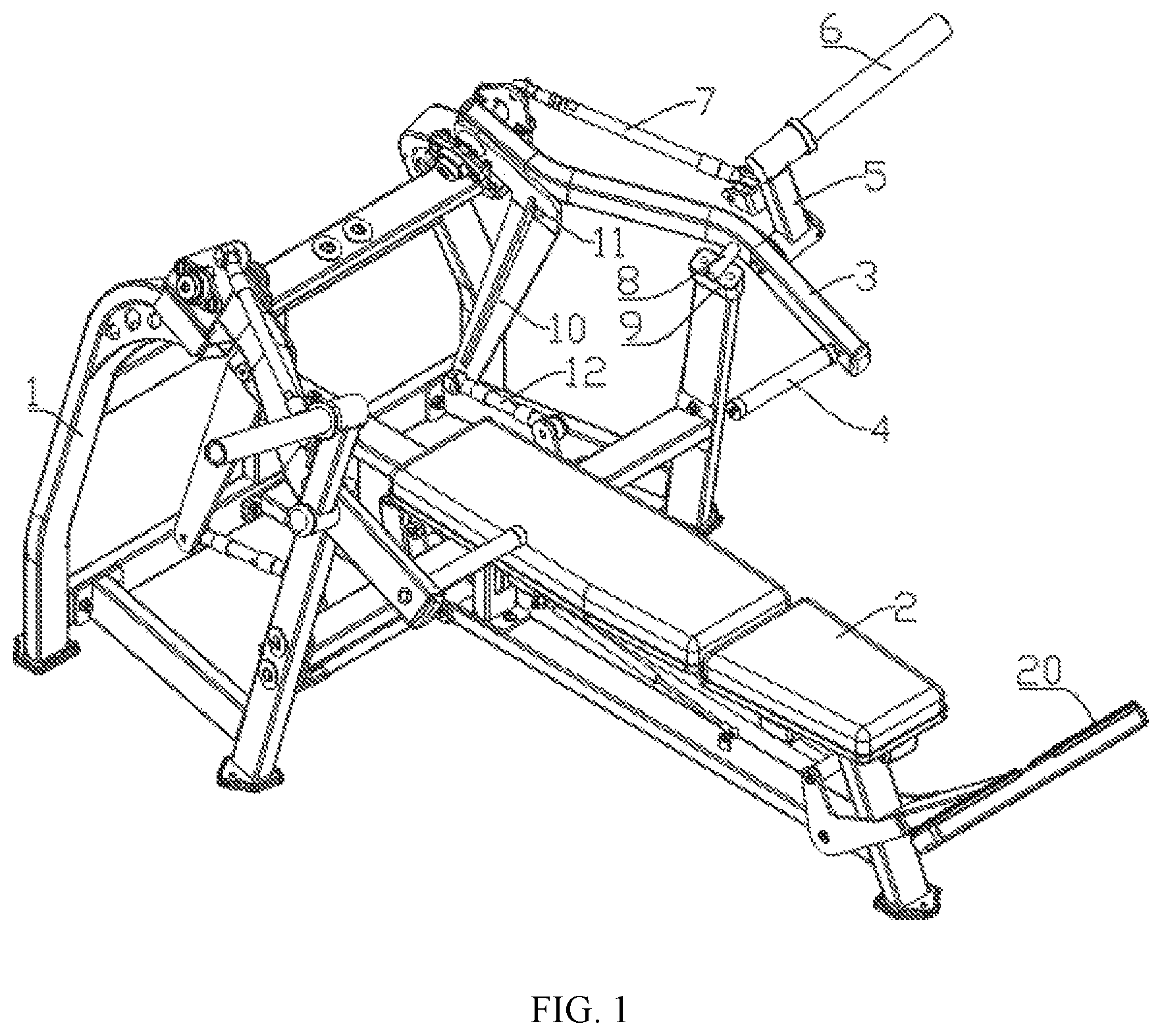 Patent US12472396 Figure 1 – Bench press training machine with variable arms of force