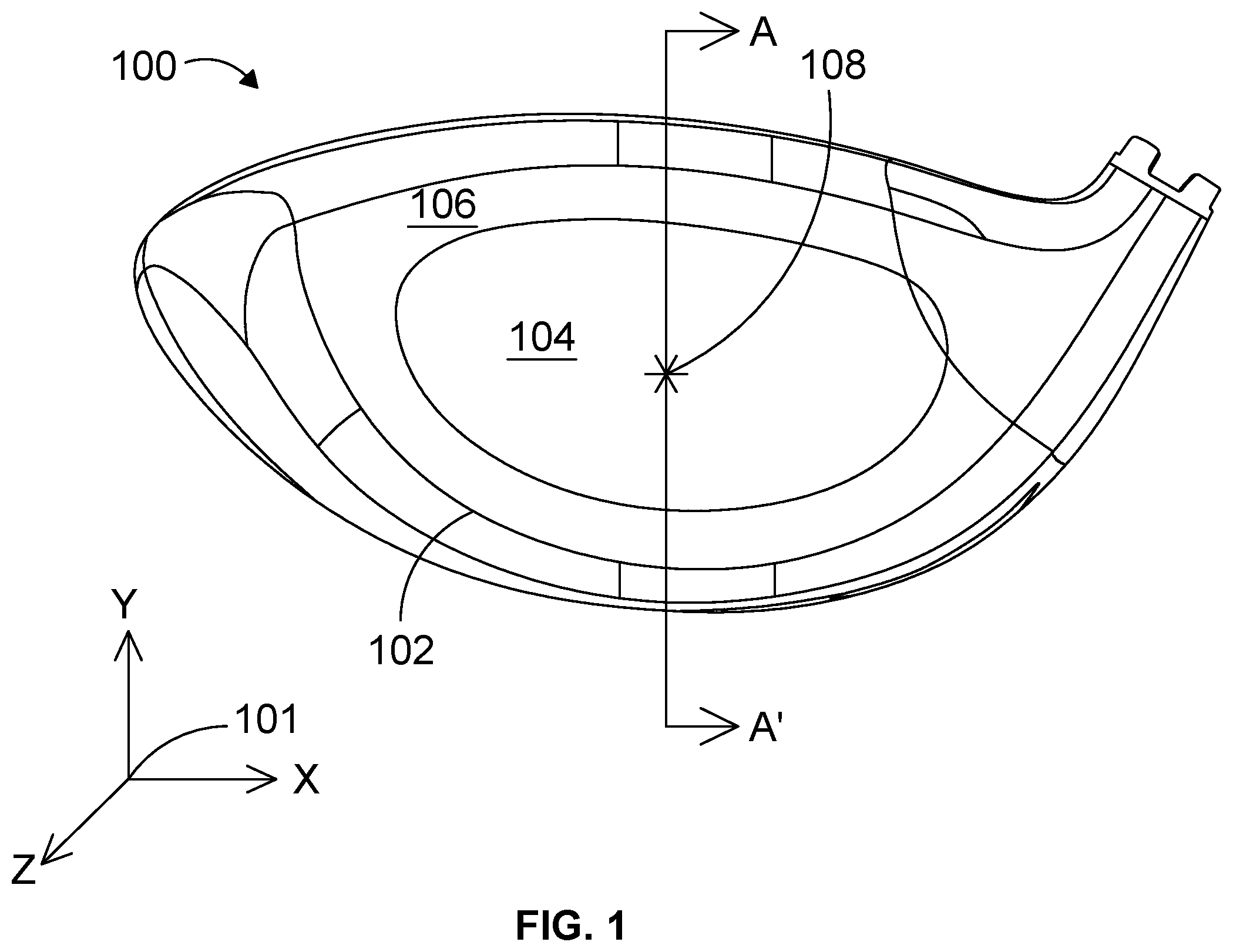 Patent US12472408 Figure 1 – Golf club head with improved striking face