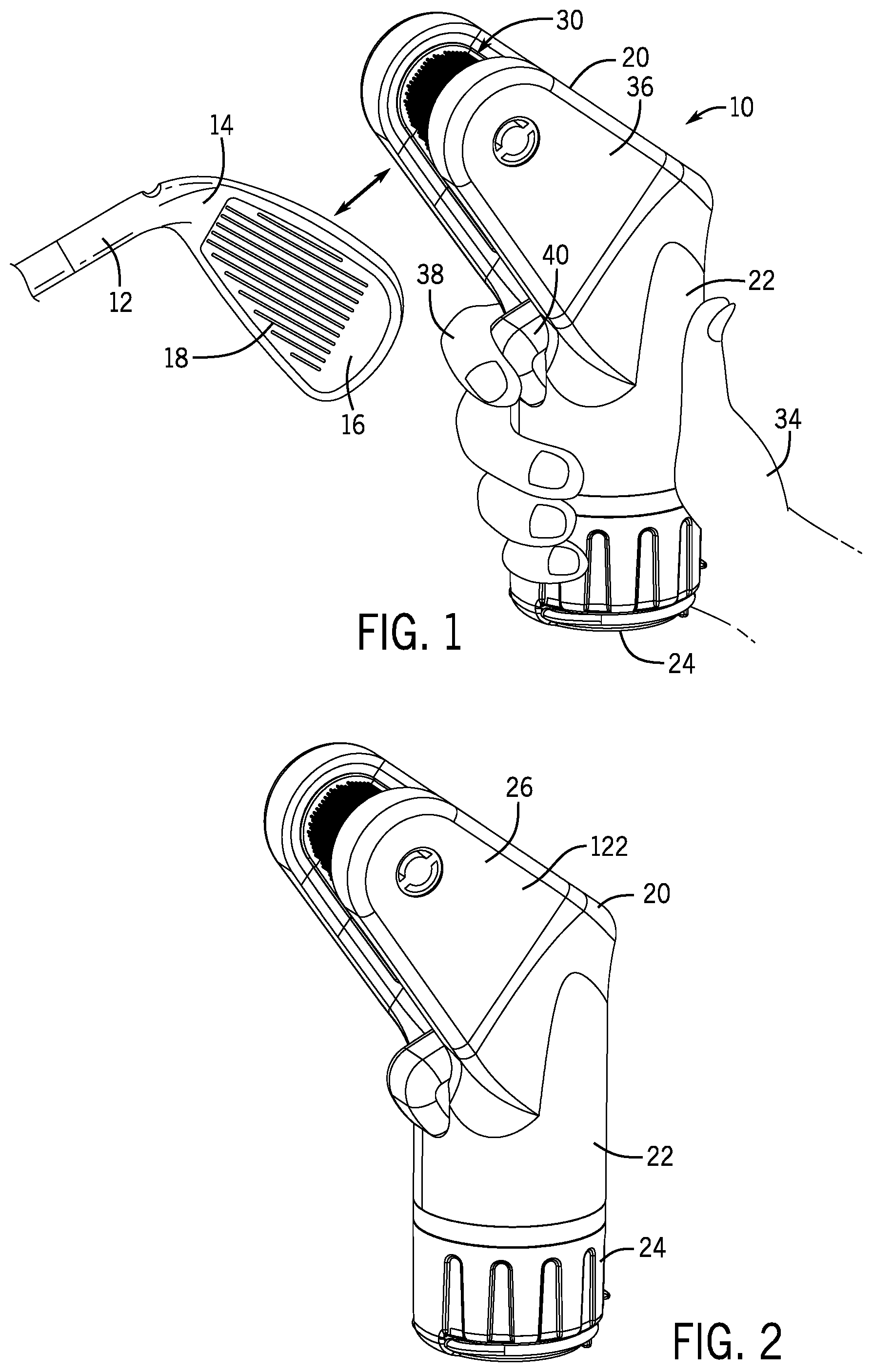 Patent US12472410 Figure 1 – Hand-held golf club cleaning device
