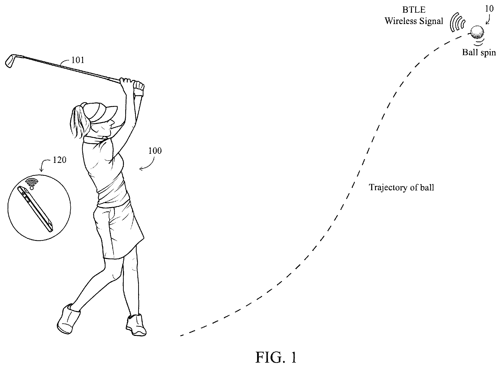 Patent US12472417 Figure 1 – Golf ball with electrical components