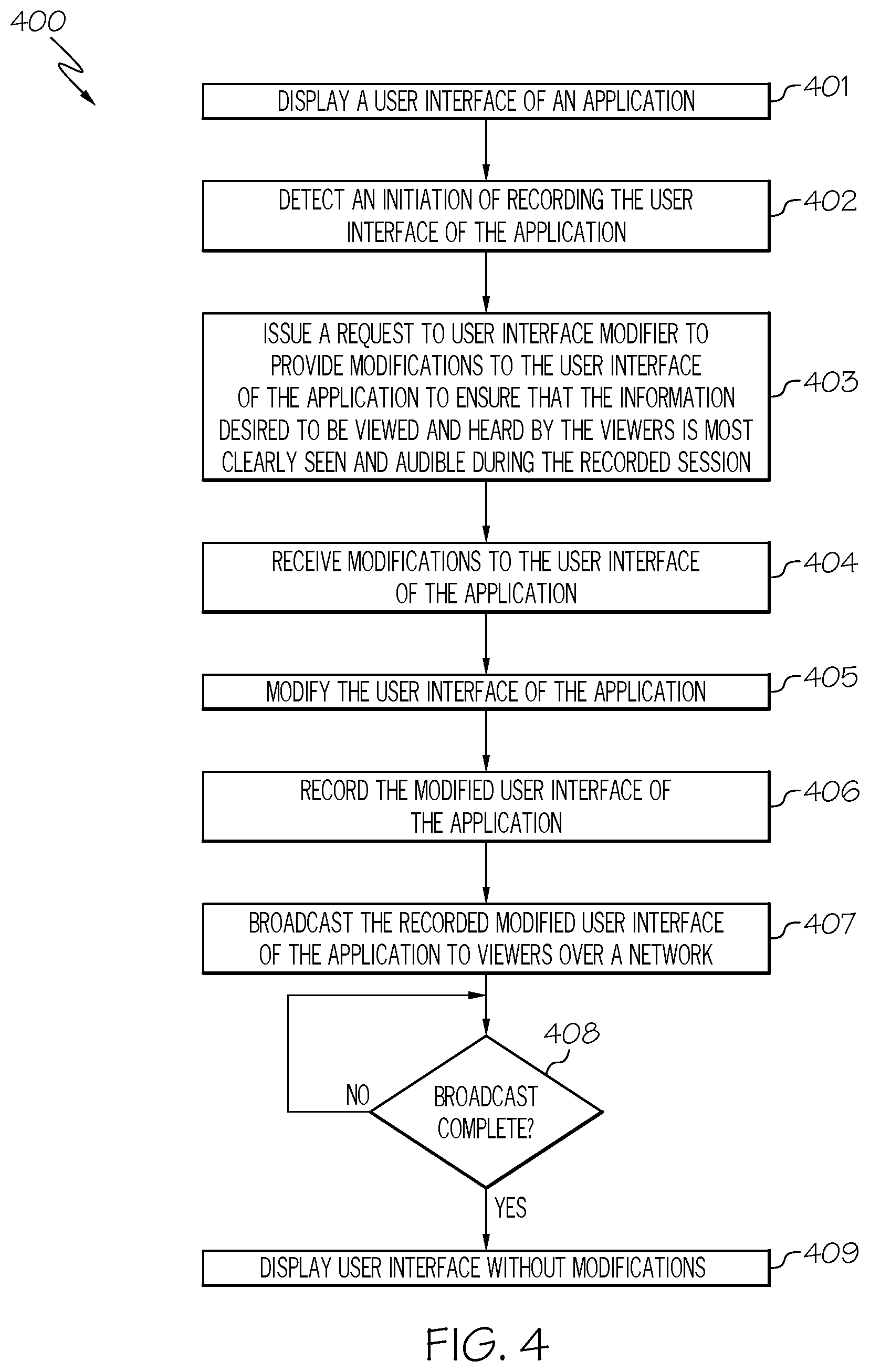 Patent US12472441 Figure 4 – Modifying user interface of application during recording session