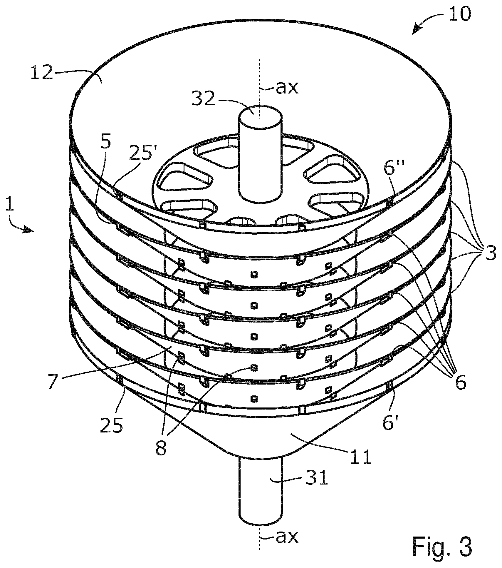 Patent US12472513 Figure 3 – Disc stack, rotor unit, centrifugal separator, method of providing disc stack, and method of providing rotor unit