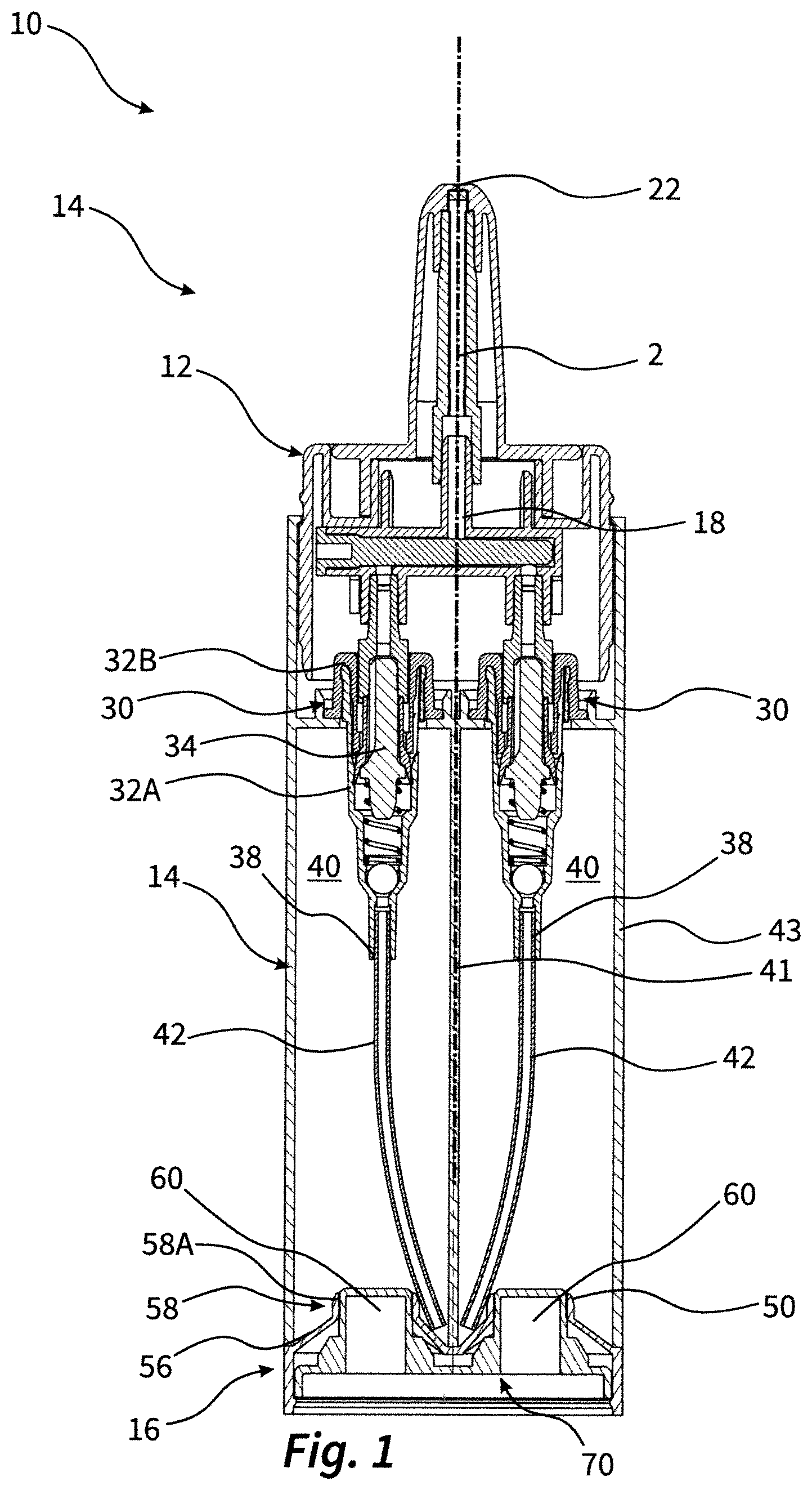 Patent US12472521 Figure 1 – Liquid dispenser with two liquid reservoirs