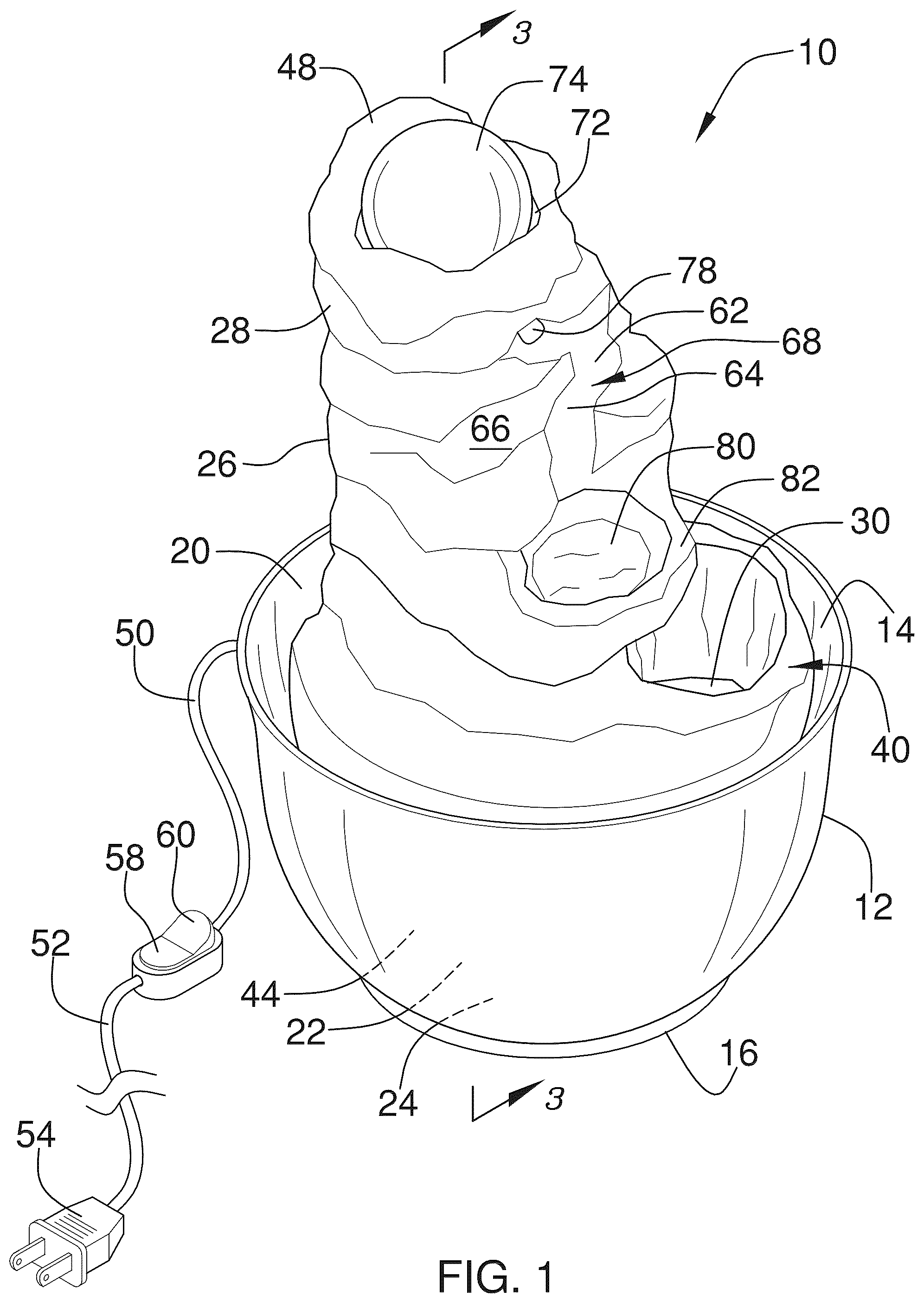 Patent US12472526 Figure 1 – Integrated fountain and vase assembly