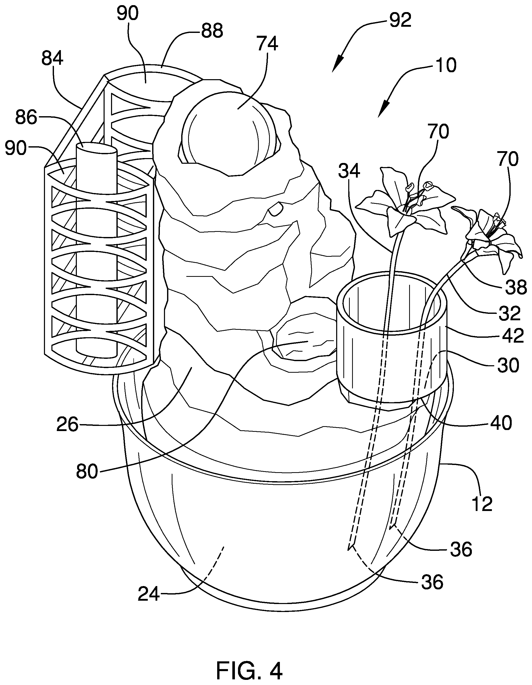 Patent US12472526 Figure 4 – Integrated fountain and vase assembly