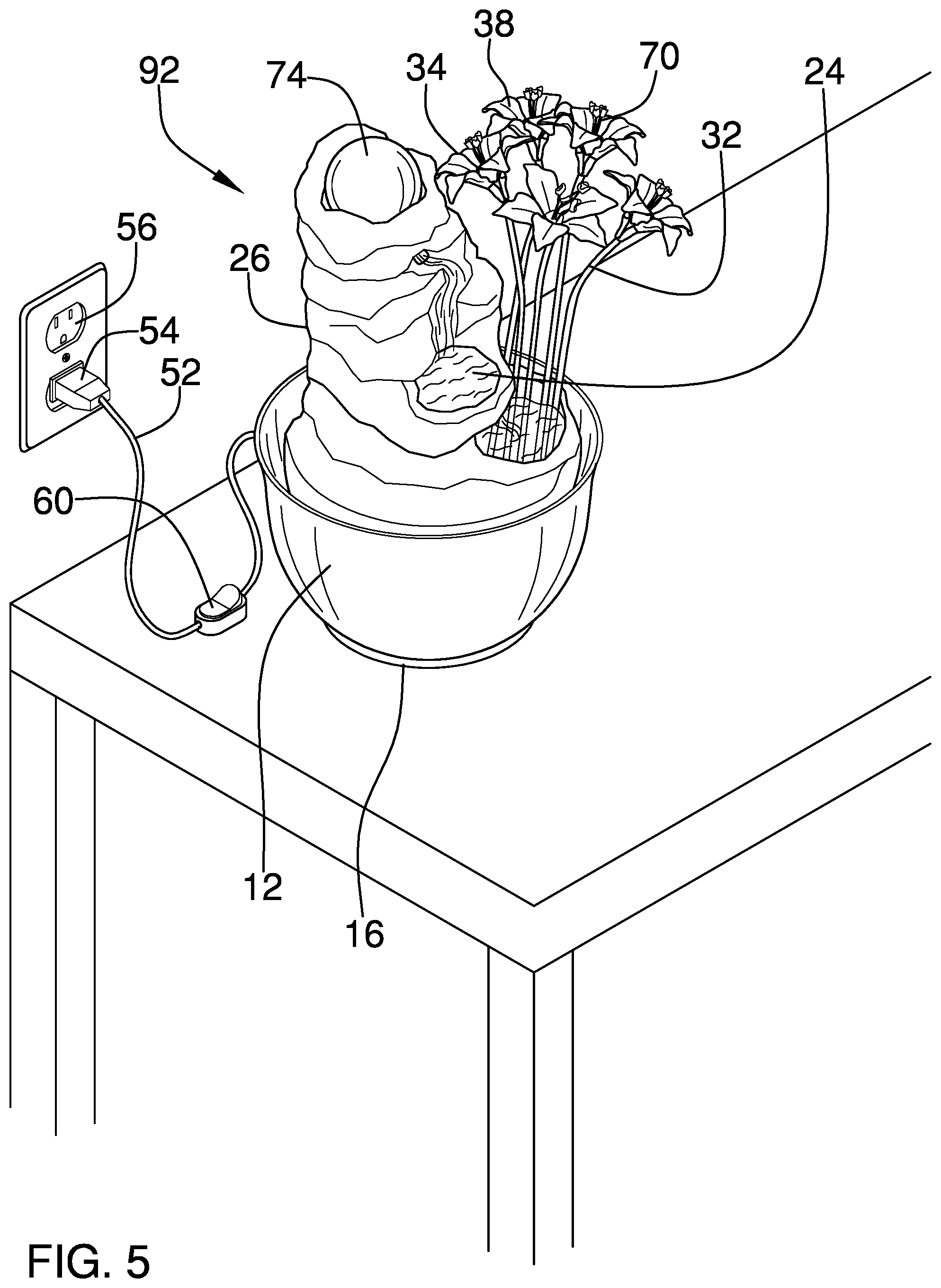 Patent US12472526 Figure 5 – Integrated fountain and vase assembly