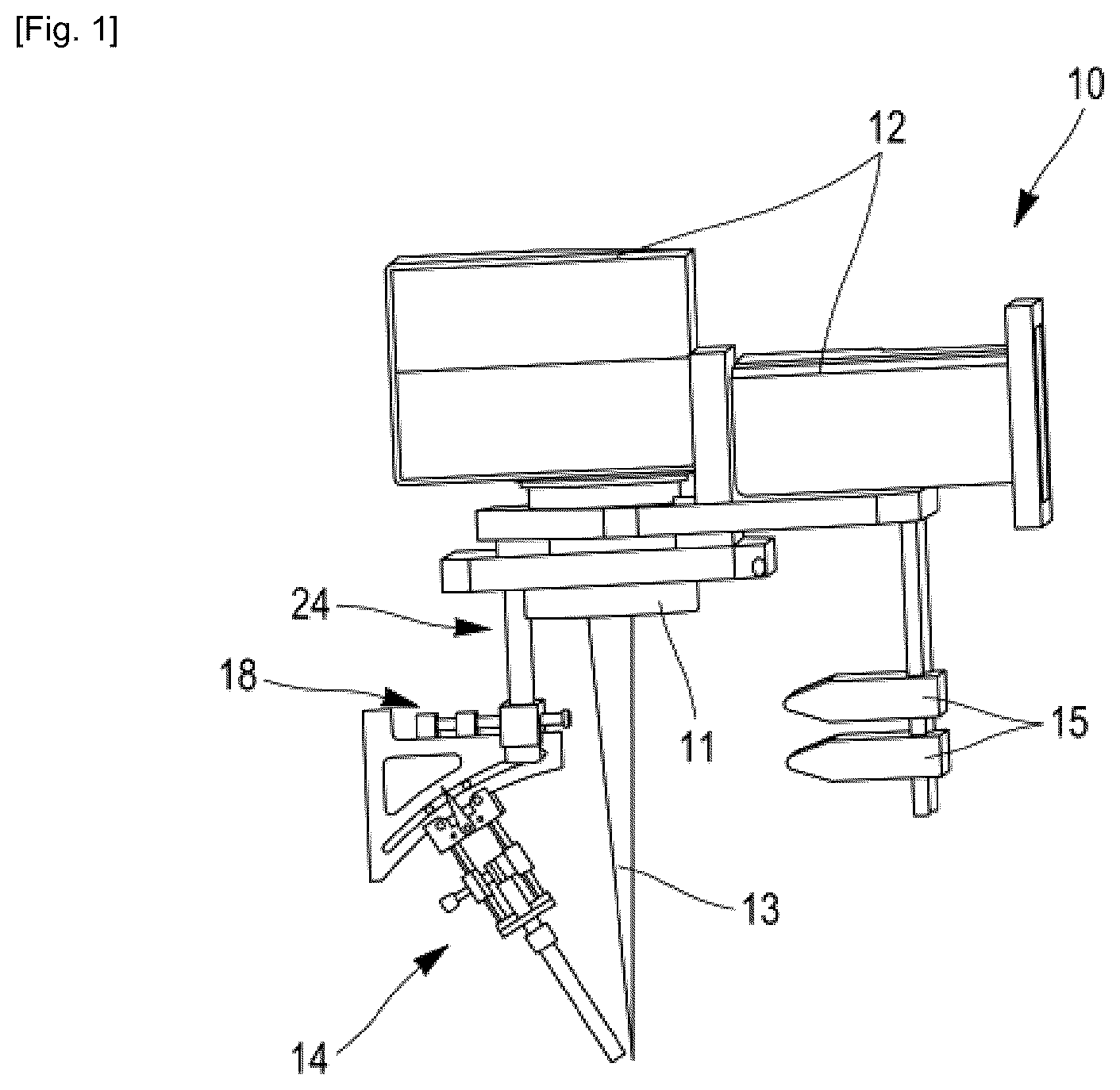 Patent US12472583 Figure 1 – System and method for adding material to a determined surface of a workpiece by means of a laser beam directed by a laser scanning head and lateral powder injection