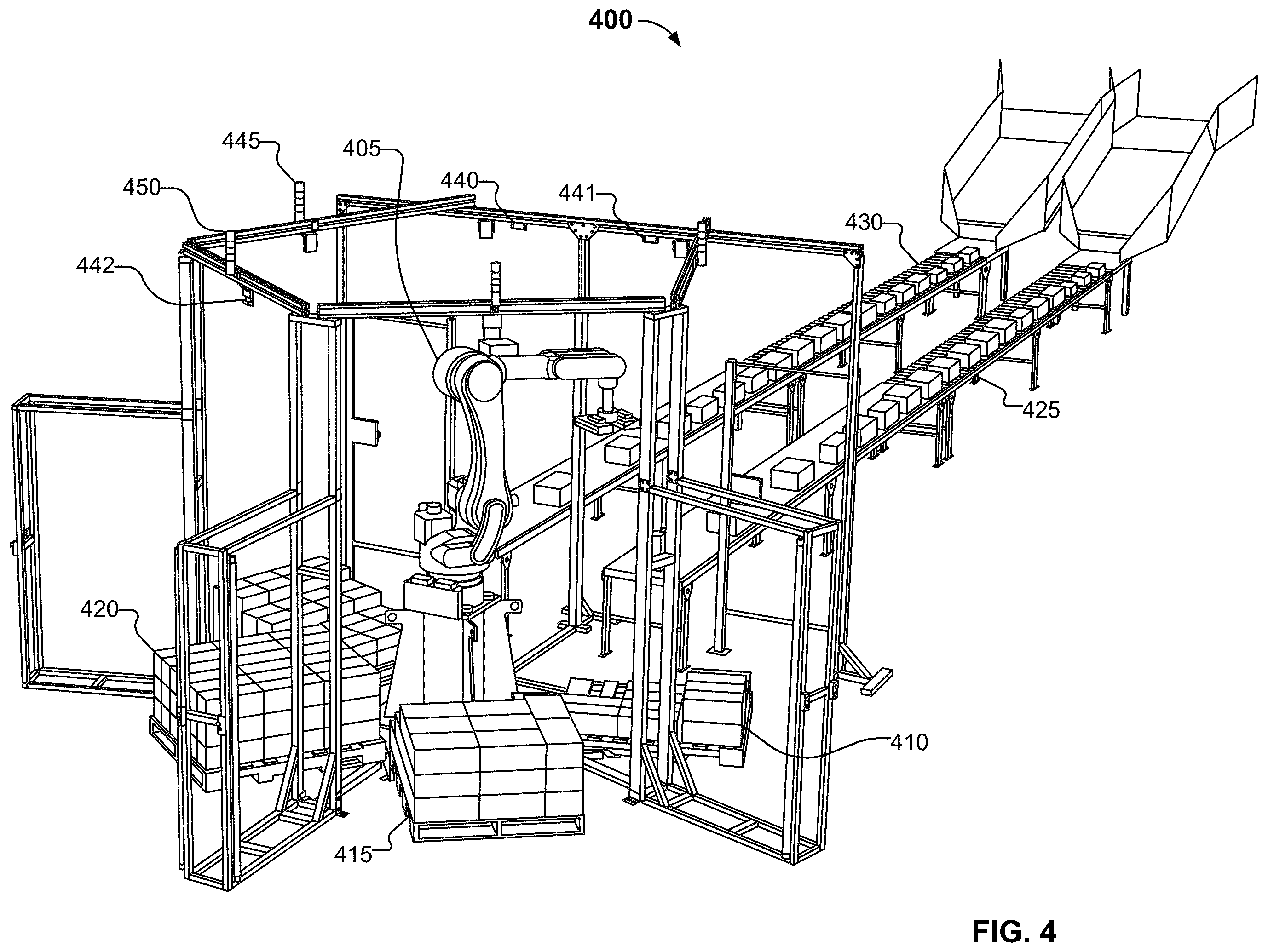 Patent US12472631 Figure 4 – Multi-pallet mixed-case robotic palletizer