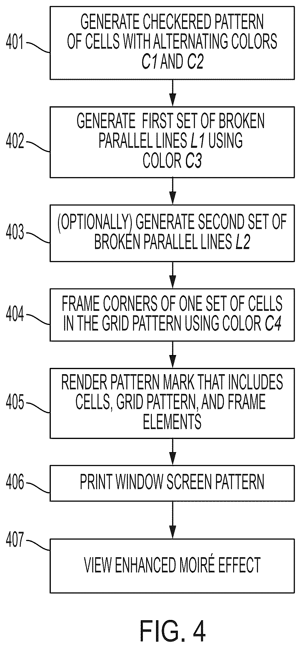 Patent US12472765 Figure 4 – Methods of printing document markings with enhanced moiré effects, and documents that exhibit such effects