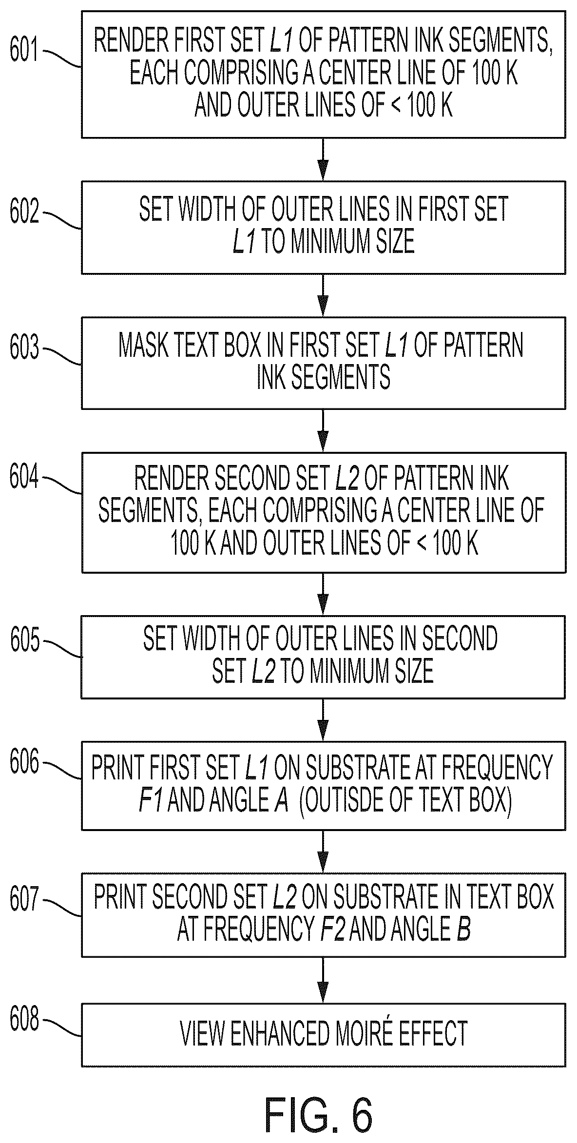 Patent US12472765 Figure 6 – Methods of printing document markings with enhanced moiré effects, and documents that exhibit such effects
