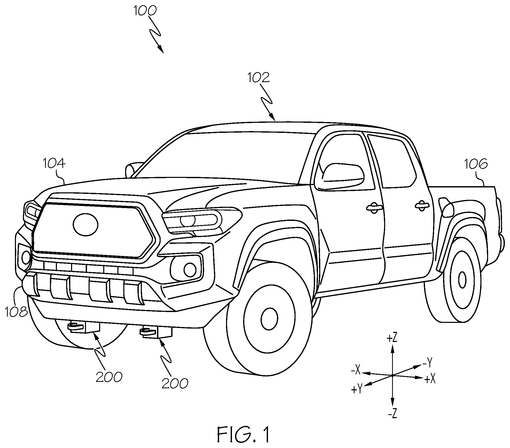 Patent US12472785 Figure 1 – Collapsing tow hook assemblies and vehicles including same