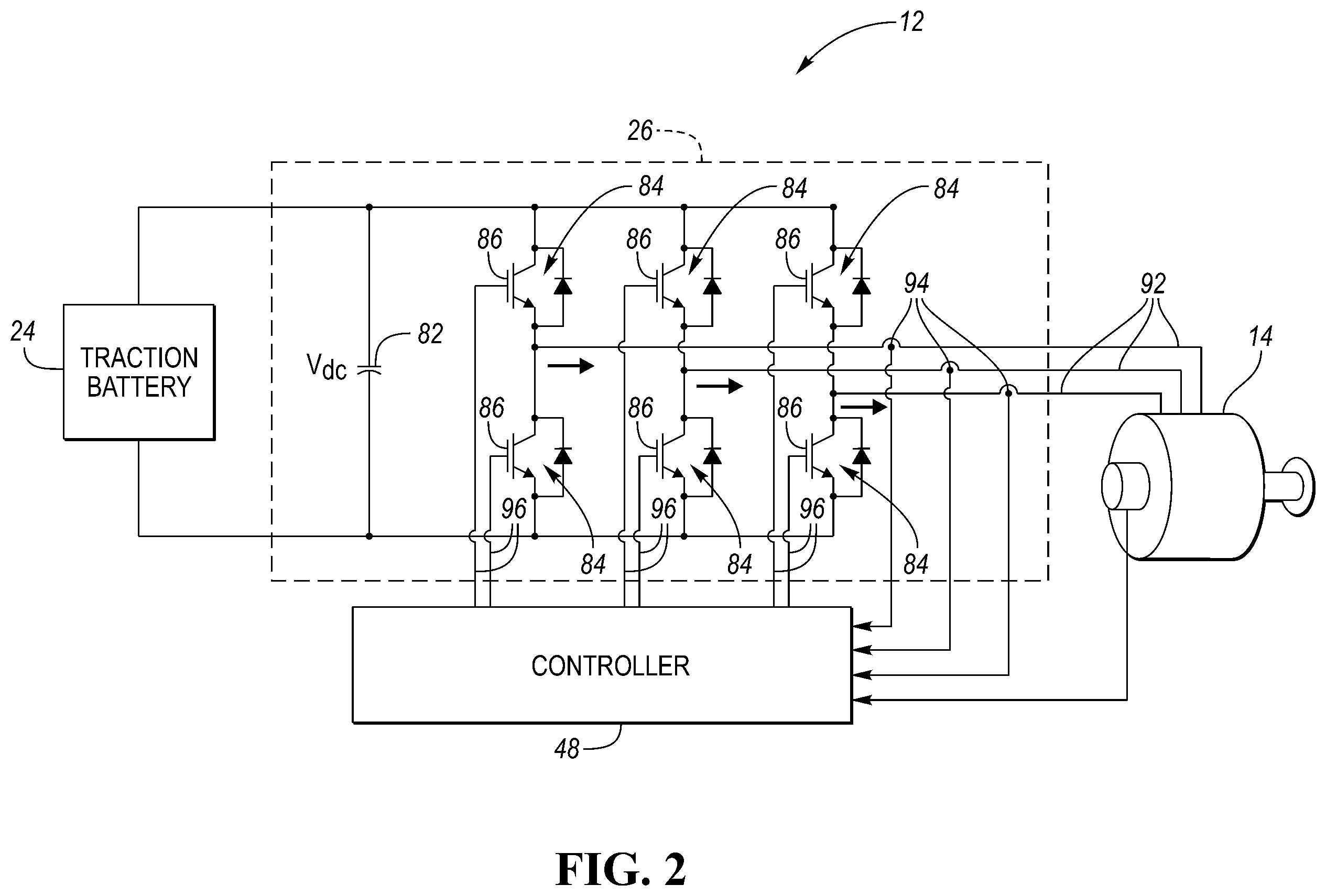 Patent US12472831 Figure 2 – Vehicular electric drive system including traction battery, inverter, and motor having self-heater arrangement