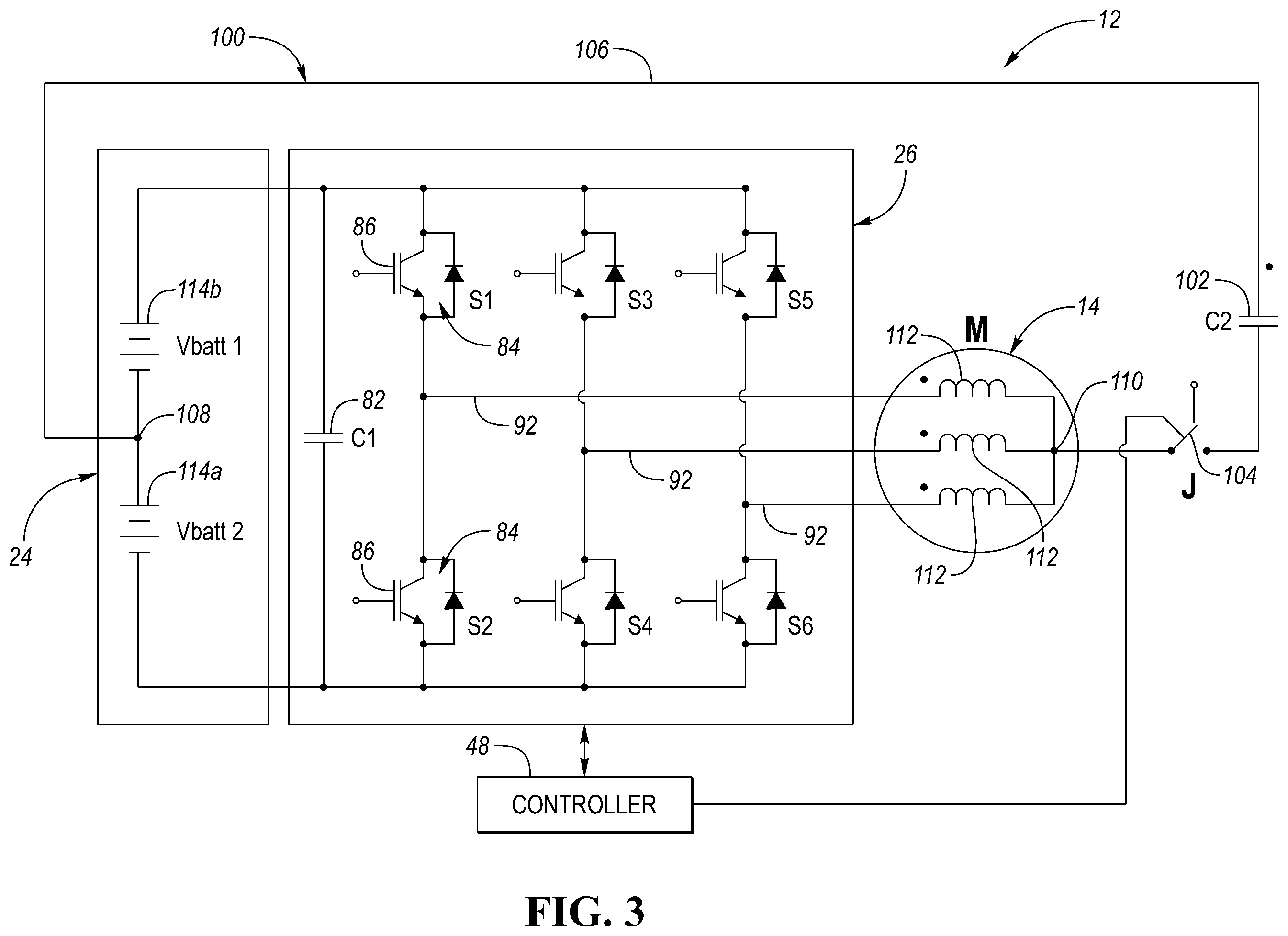 Patent US12472831 Figure 3 – Vehicular electric drive system including traction battery, inverter, and motor having self-heater arrangement