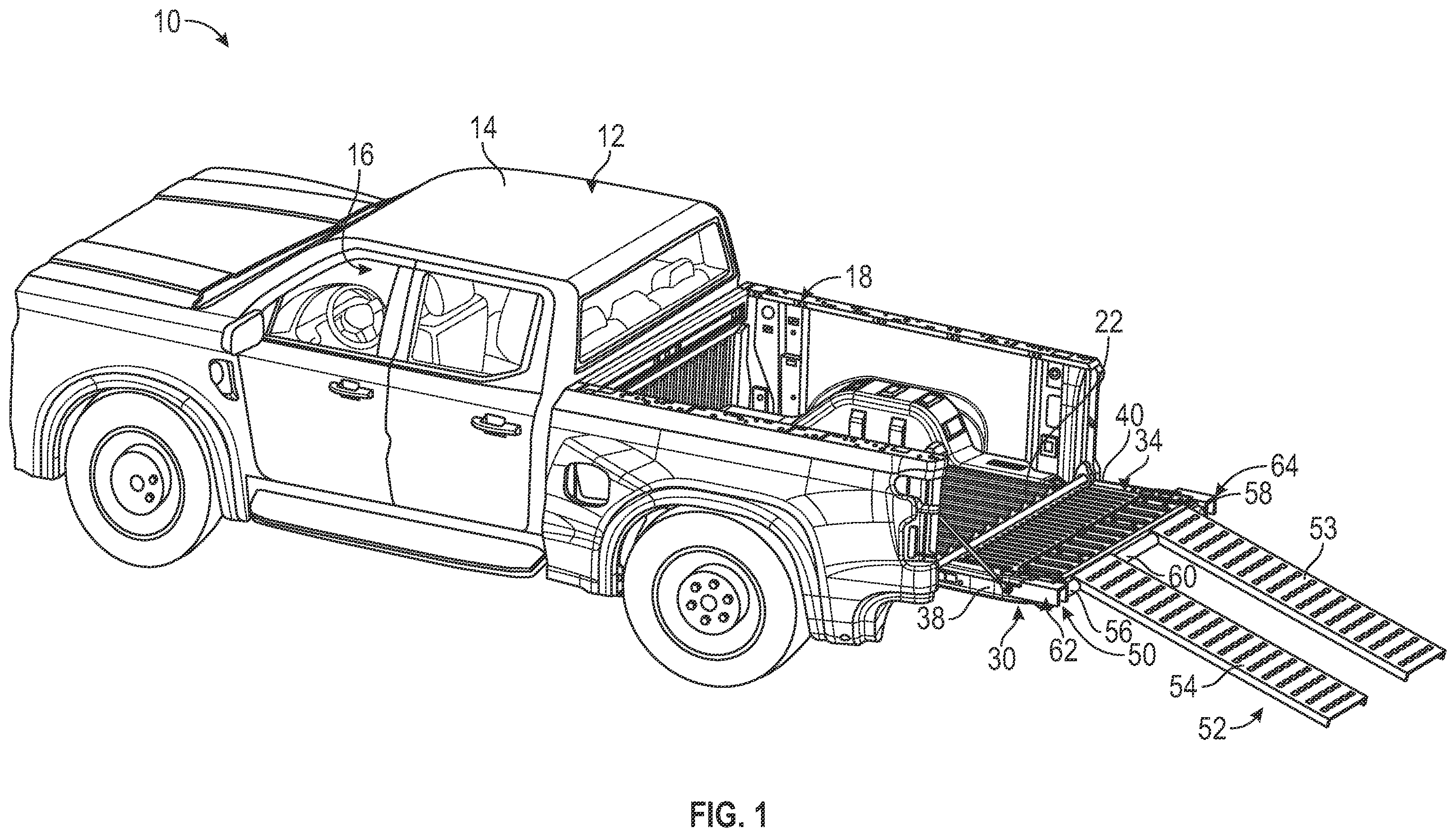 Patent US12472861 Figure 1 – Ramp support for pickup truck tailgate