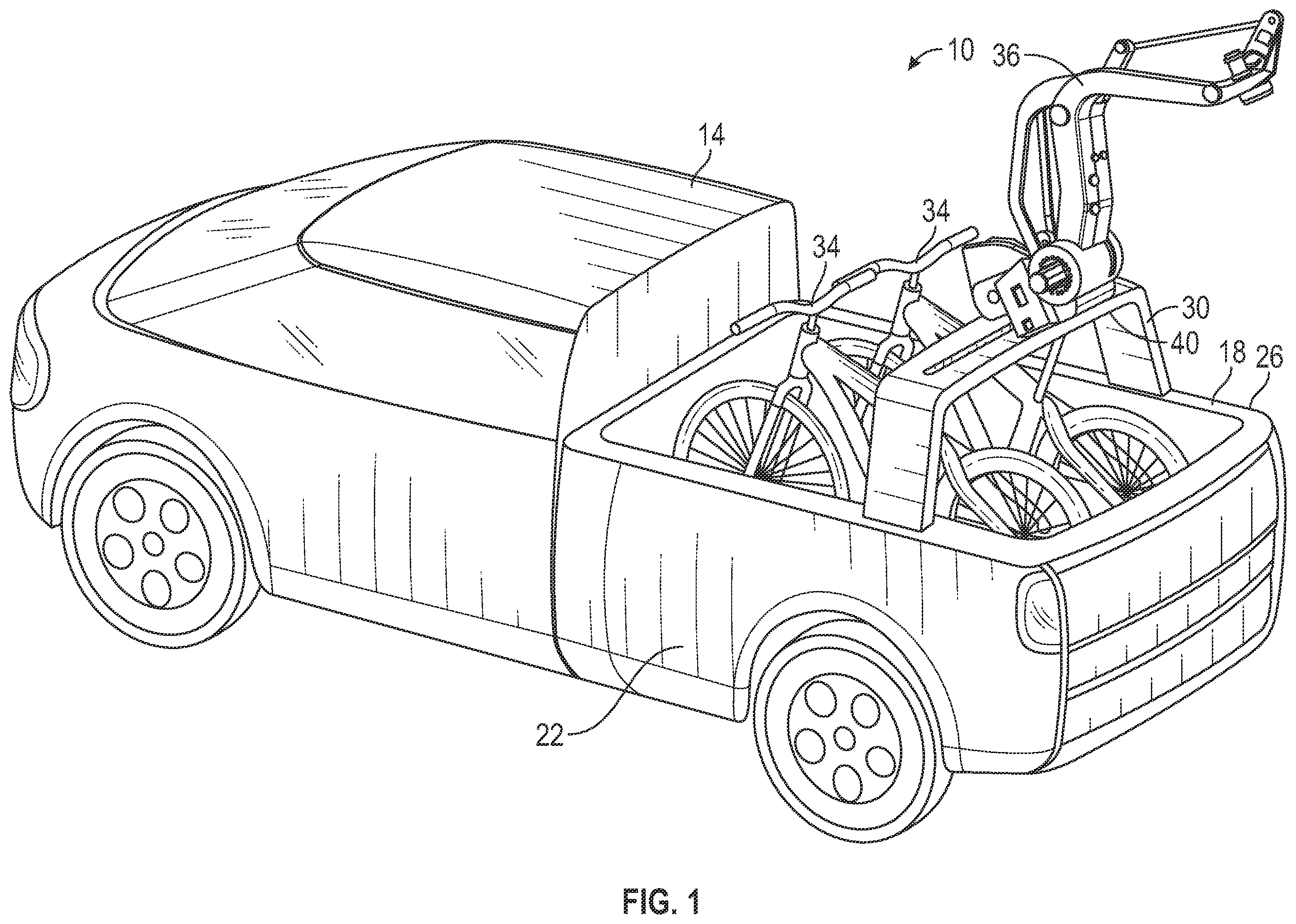 Patent US12472862 Figure 1 – Vehicle assembly having cross-bar mounted lift assist device and operating method