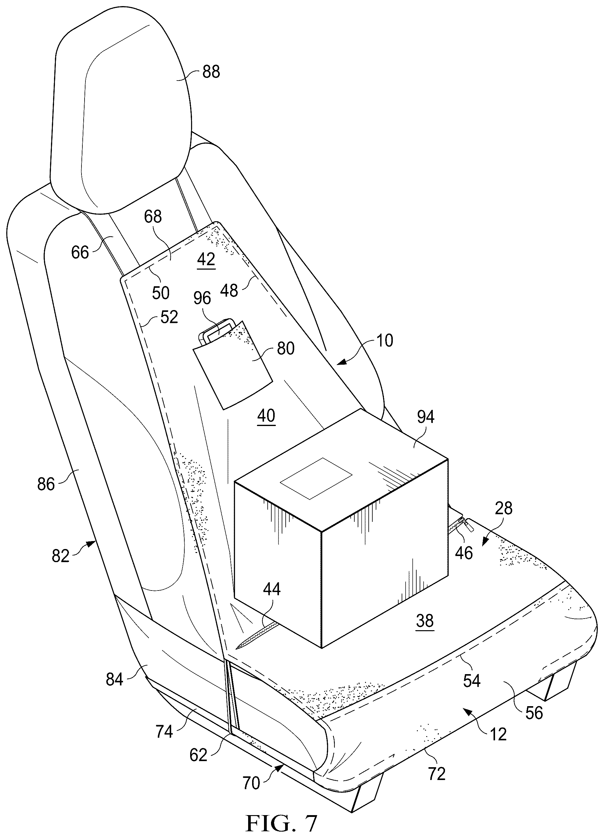 Patent US12472877 Figure 7 – Vehicle seat storage system