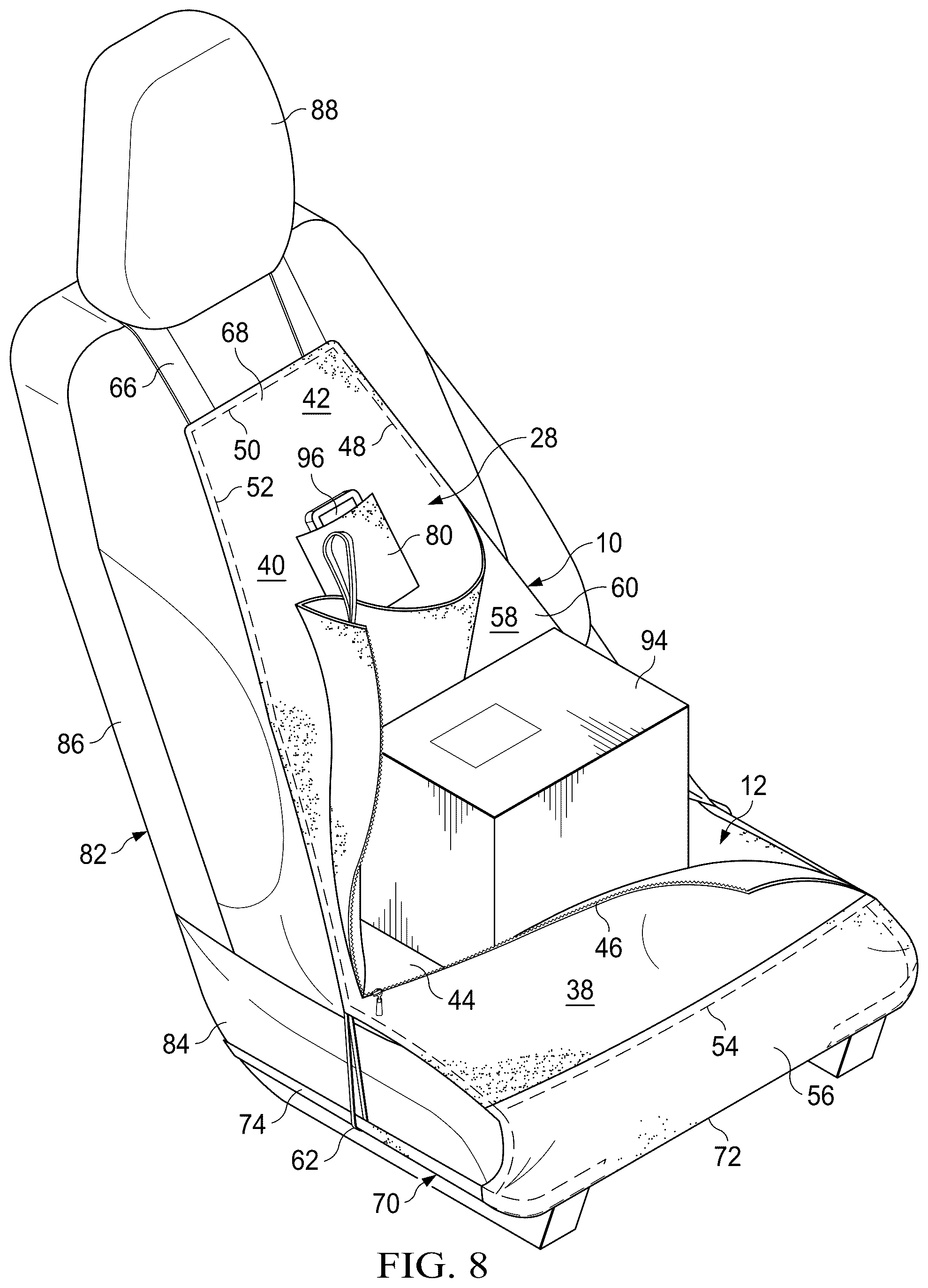 Patent US12472877 Figure 8 – Vehicle seat storage system