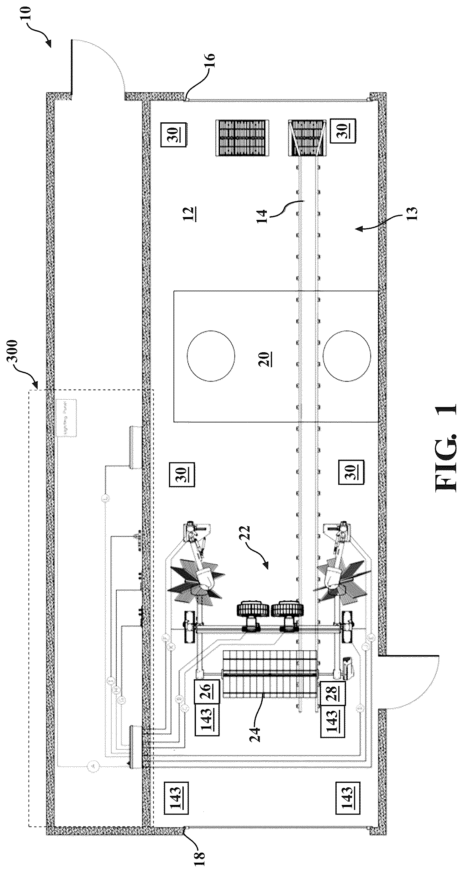 Patent US12472908 Figure 1 – Vehicle wash system having dryer media devices and an air moving assembly for removing excess moisture from the dryer media devices
