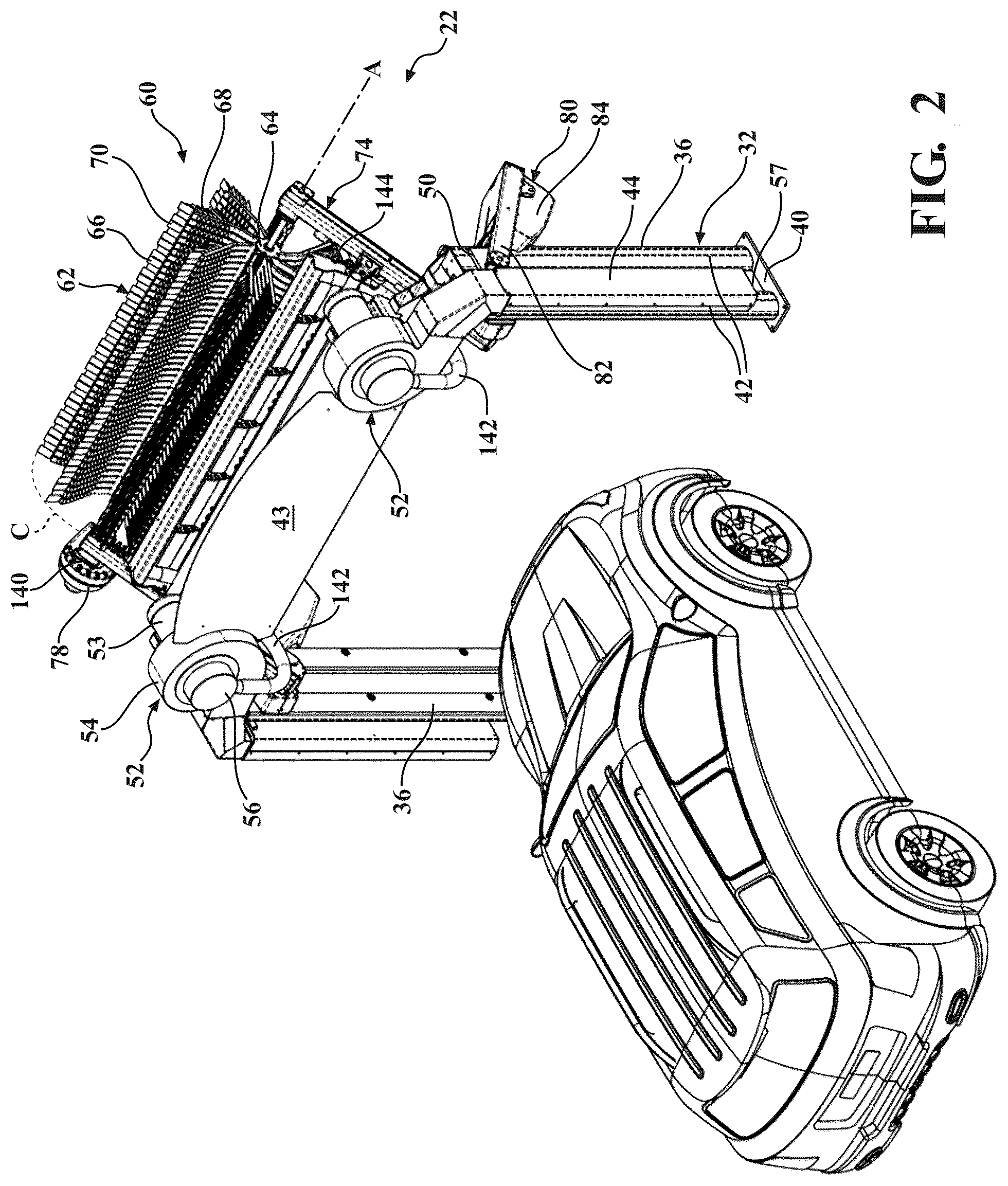 Patent US12472908 Figure 2 – Vehicle wash system having dryer media devices and an air moving assembly for removing excess moisture from the dryer media devices