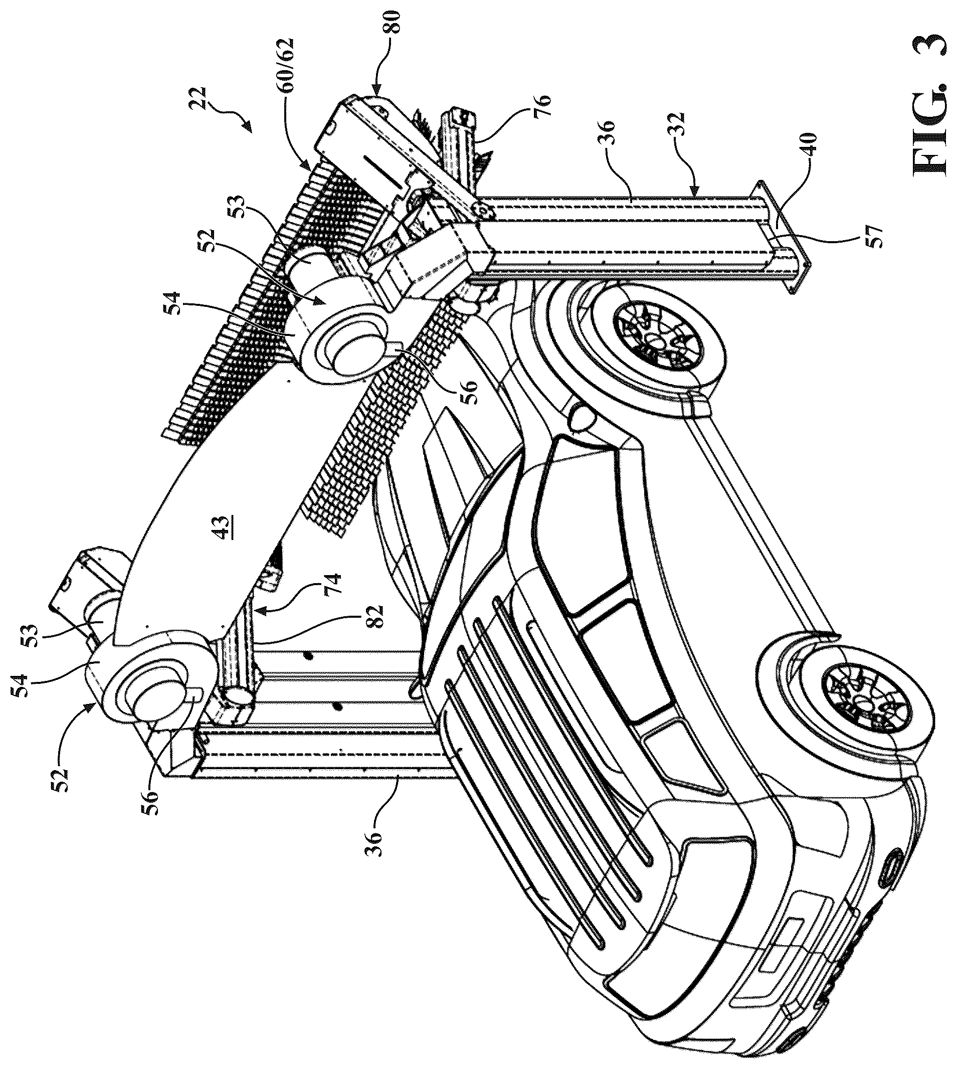 Patent US12472908 Figure 3 – Vehicle wash system having dryer media devices and an air moving assembly for removing excess moisture from the dryer media devices