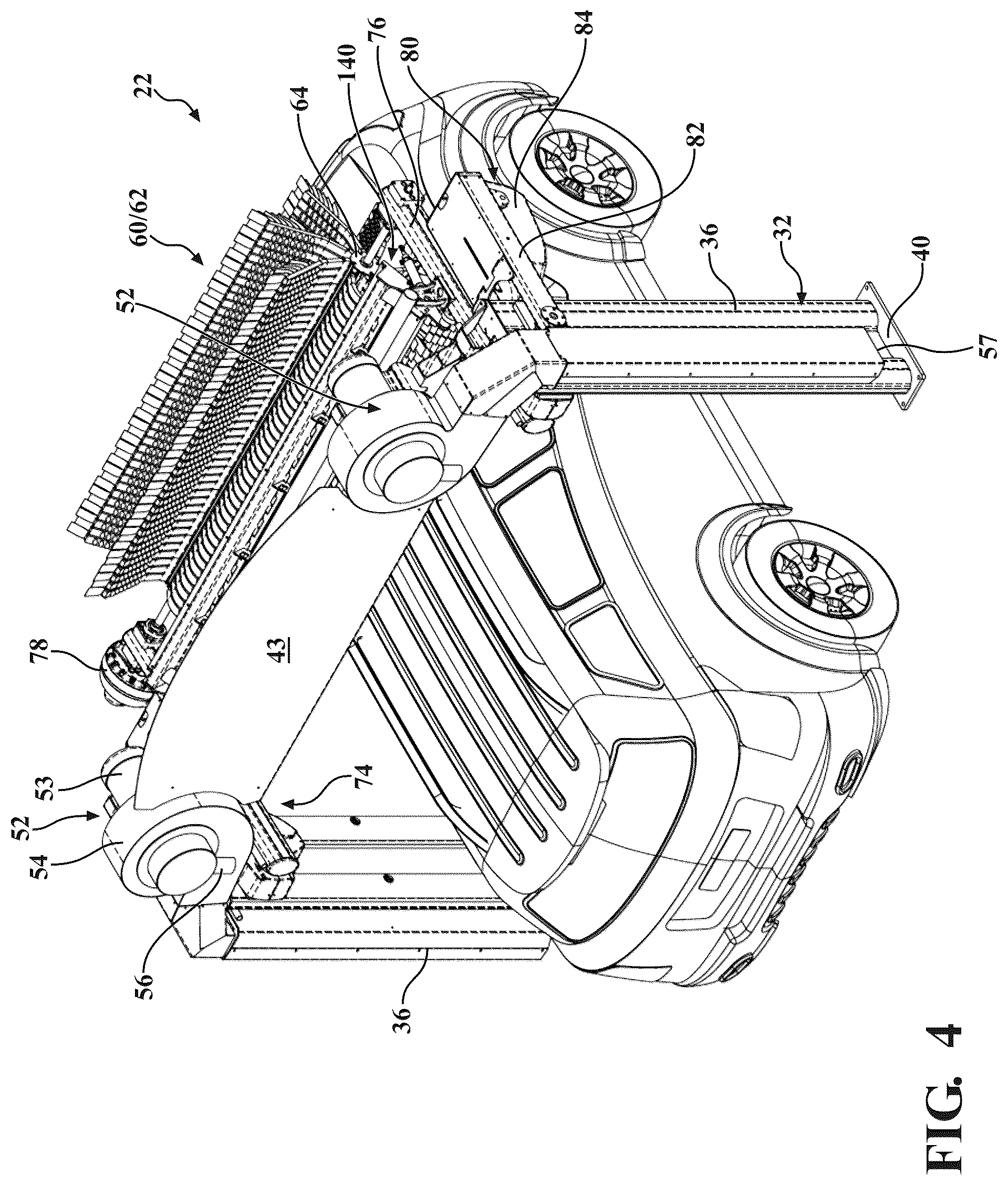 Patent US12472908 Figure 4 – Vehicle wash system having dryer media devices and an air moving assembly for removing excess moisture from the dryer media devices