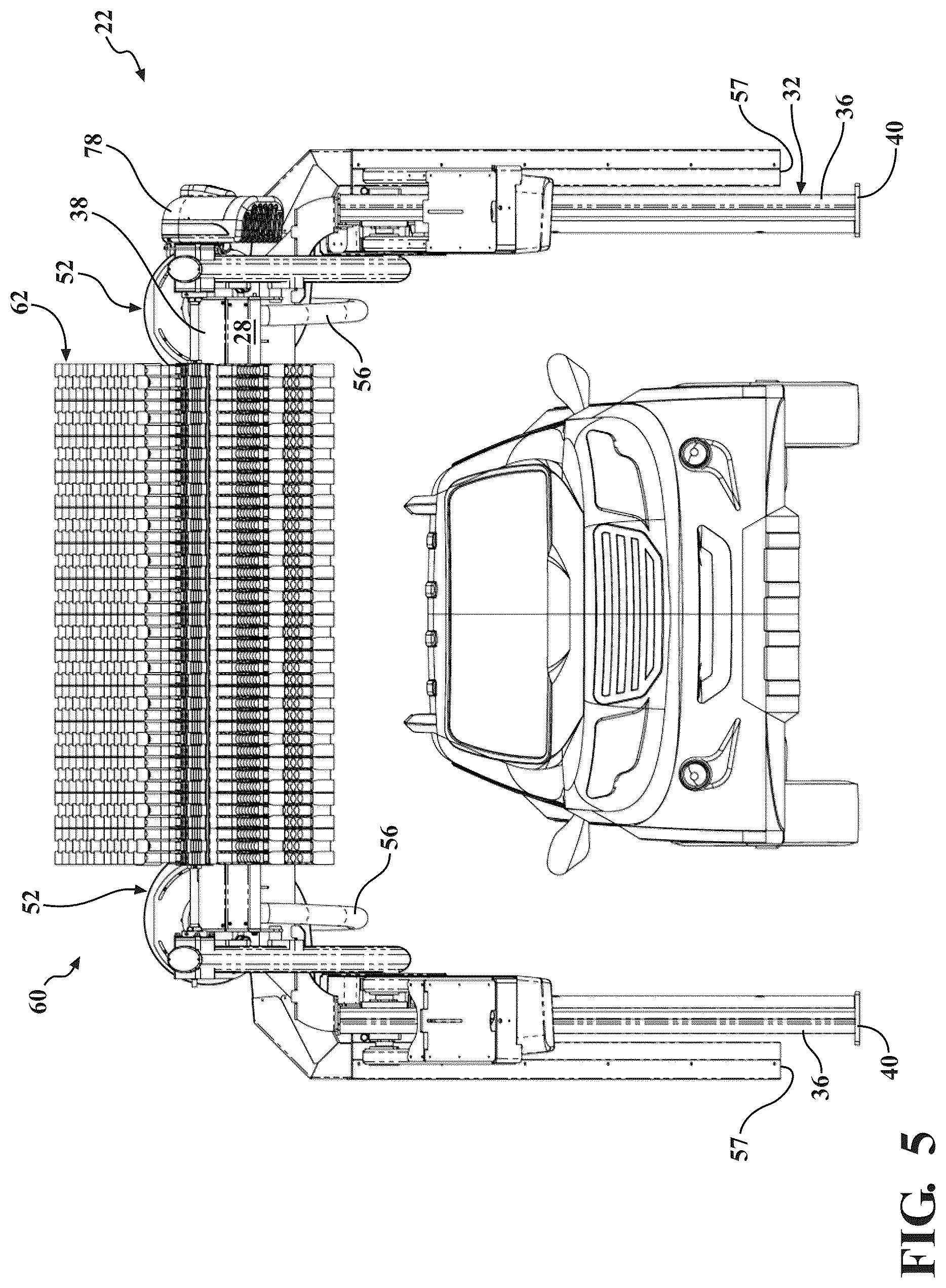 Patent US12472908 Figure 5 – Vehicle wash system having dryer media devices and an air moving assembly for removing excess moisture from the dryer media devices