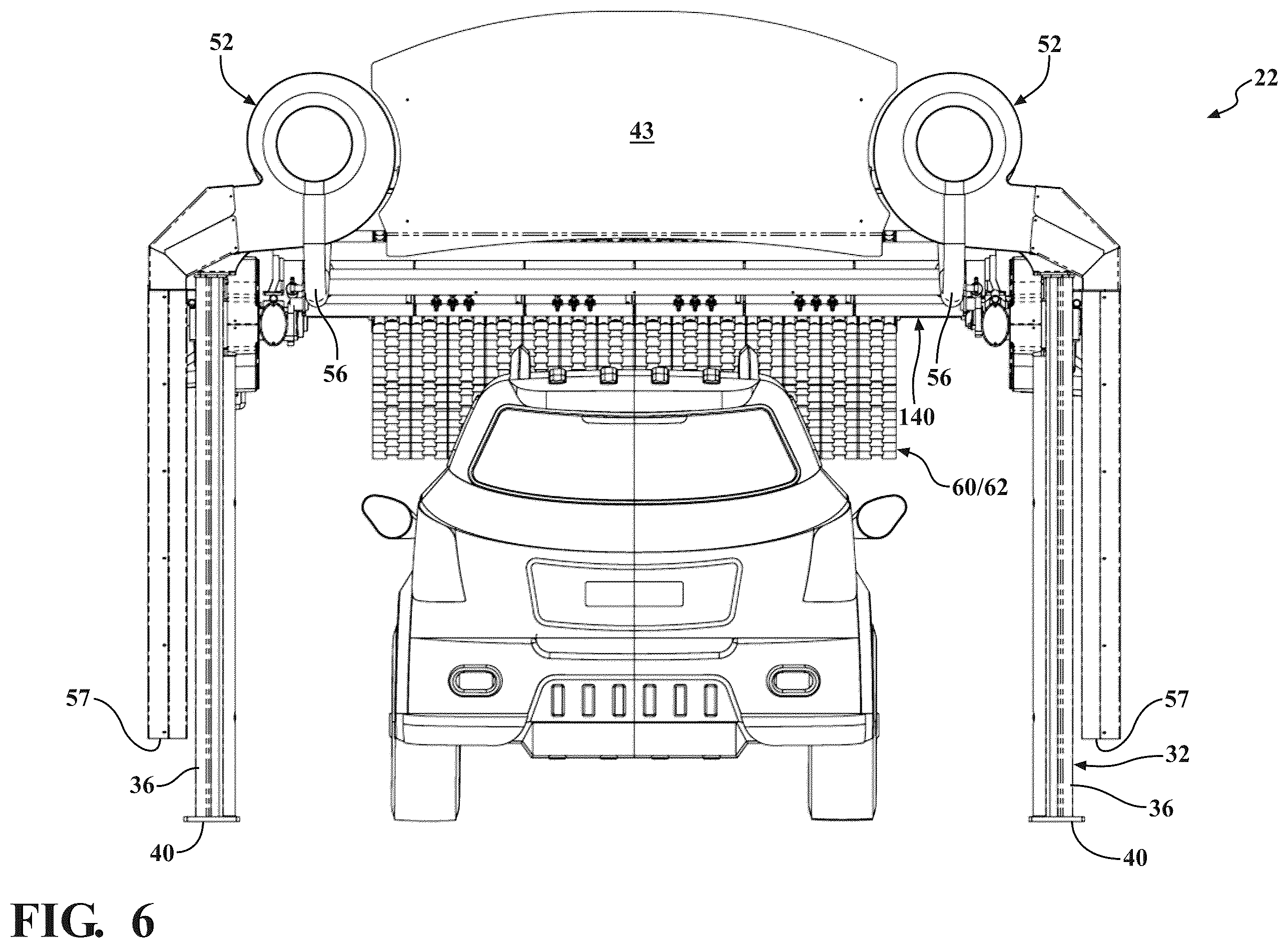 Patent US12472908 Figure 6 – Vehicle wash system having dryer media devices and an air moving assembly for removing excess moisture from the dryer media devices