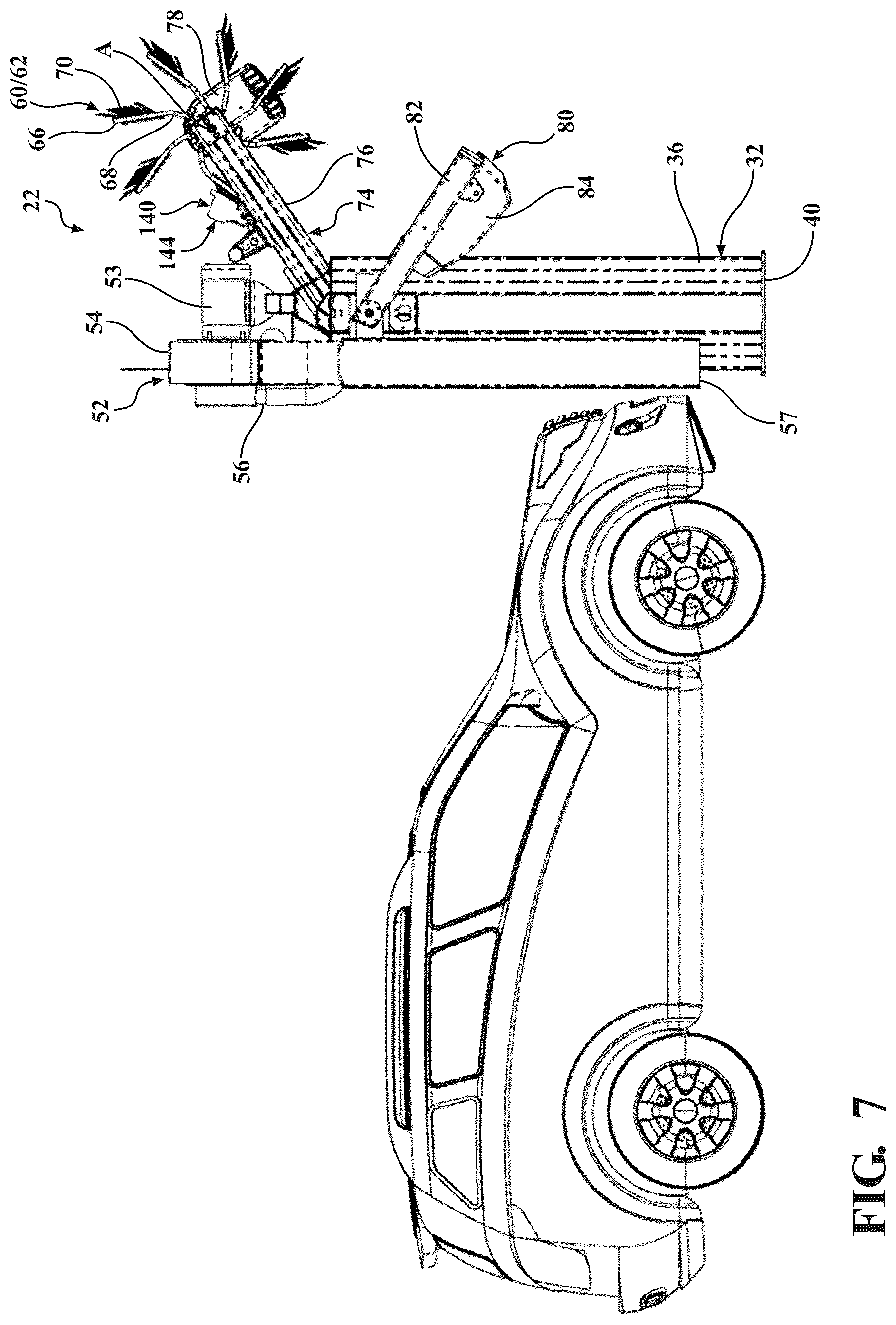 Patent US12472908 Figure 7 – Vehicle wash system having dryer media devices and an air moving assembly for removing excess moisture from the dryer media devices
