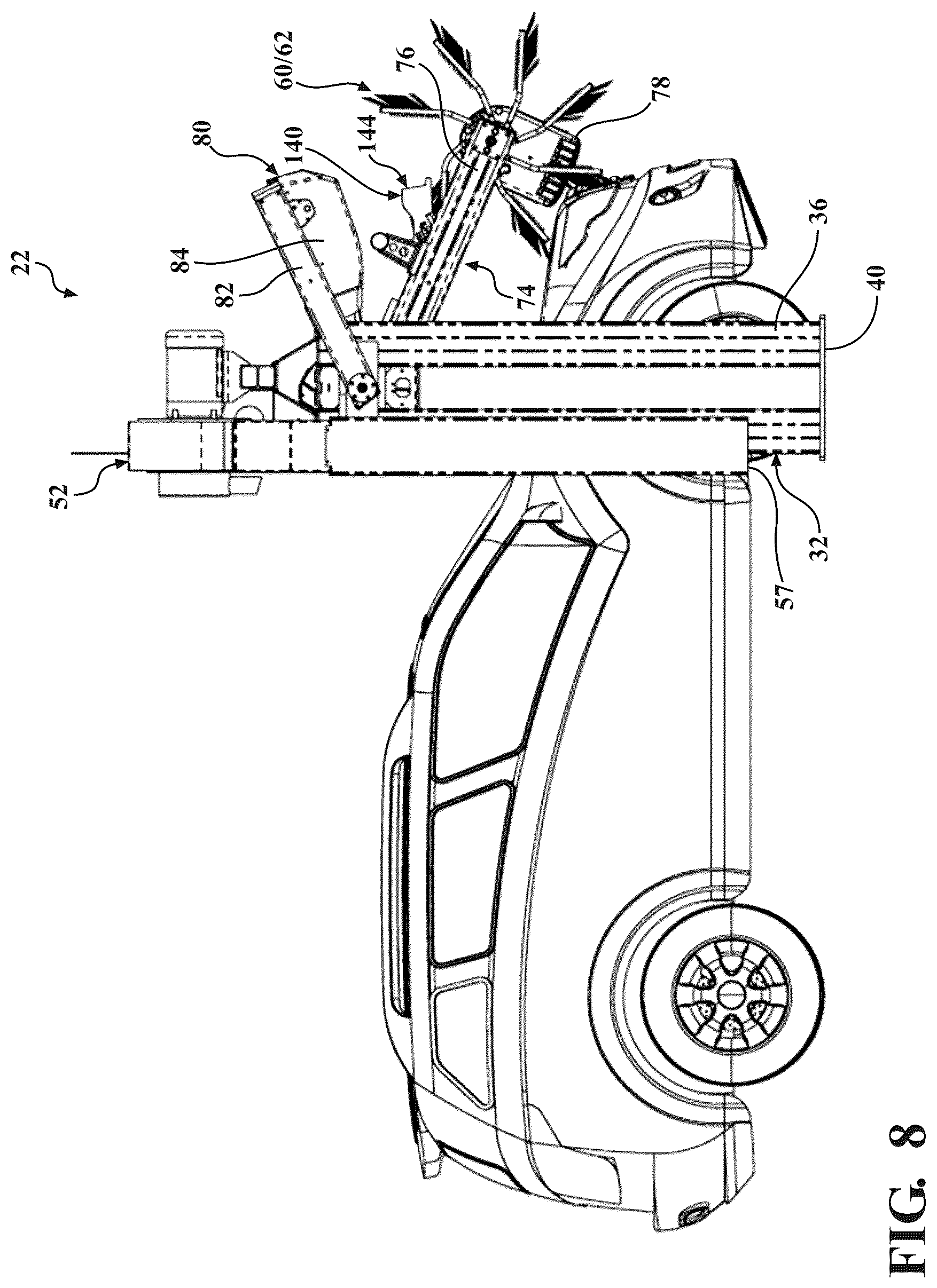 Patent US12472908 Figure 8 – Vehicle wash system having dryer media devices and an air moving assembly for removing excess moisture from the dryer media devices