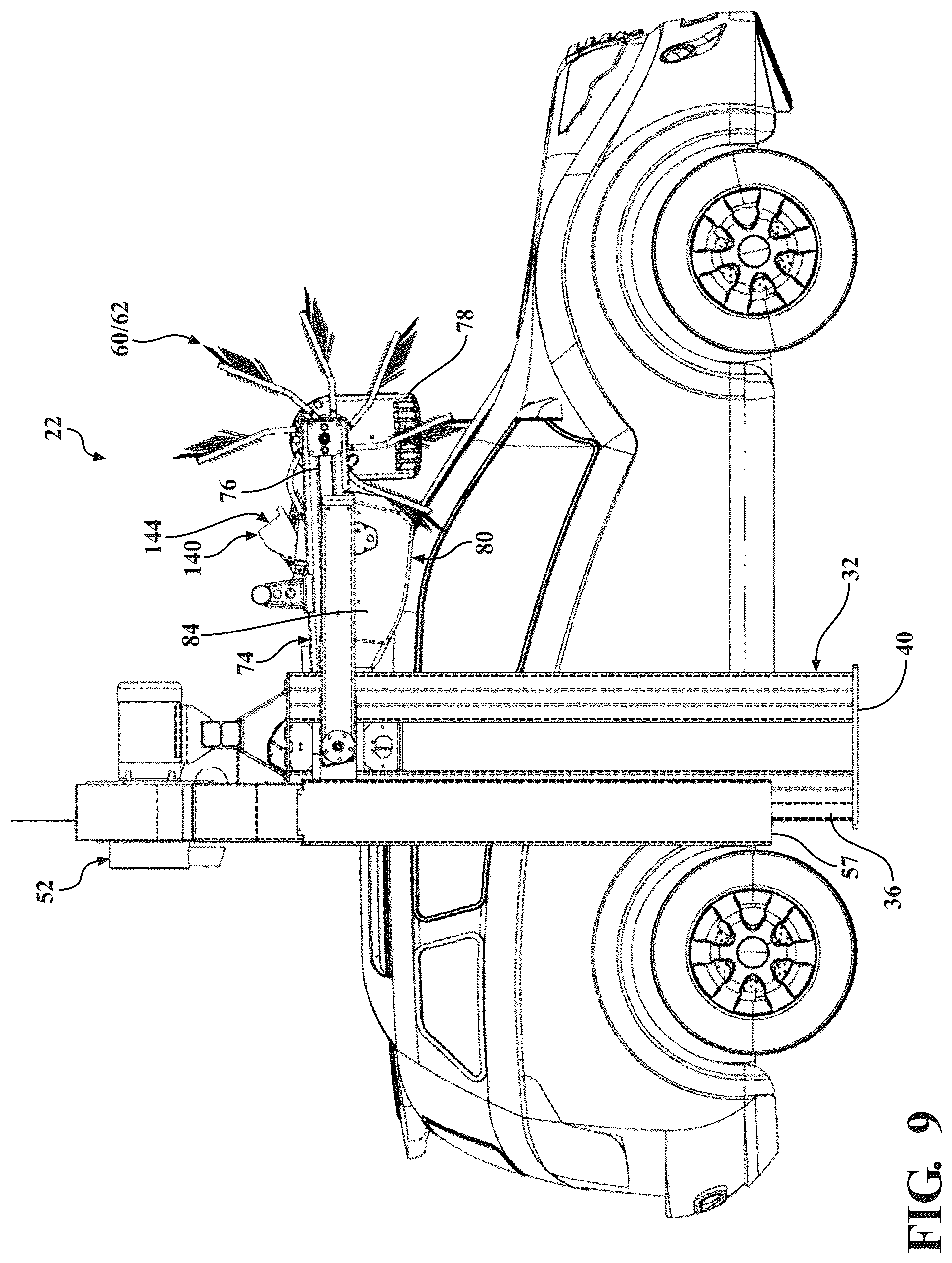 Patent US12472908 Figure 9 – Vehicle wash system having dryer media devices and an air moving assembly for removing excess moisture from the dryer media devices