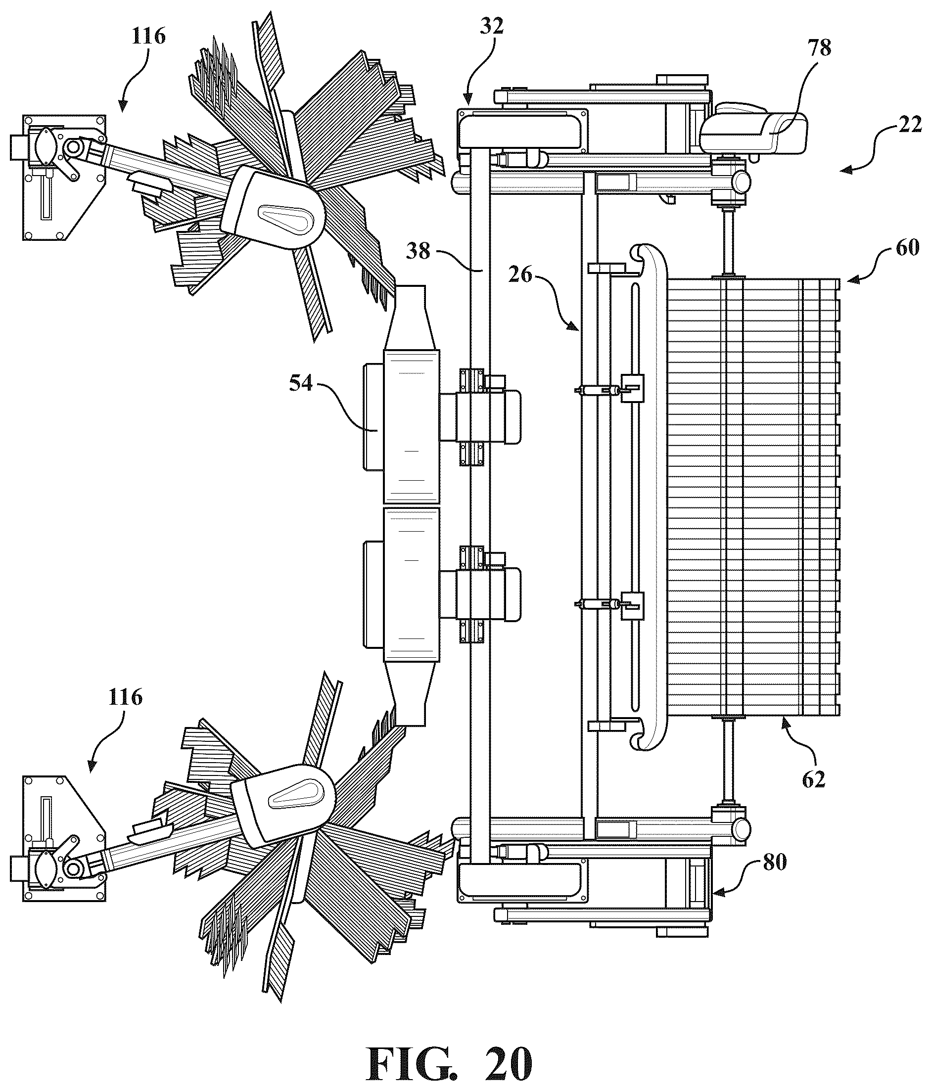 Patent US12472908 Figure 20 – Vehicle wash system having dryer media devices and an air moving assembly for removing excess moisture from the dryer media devices