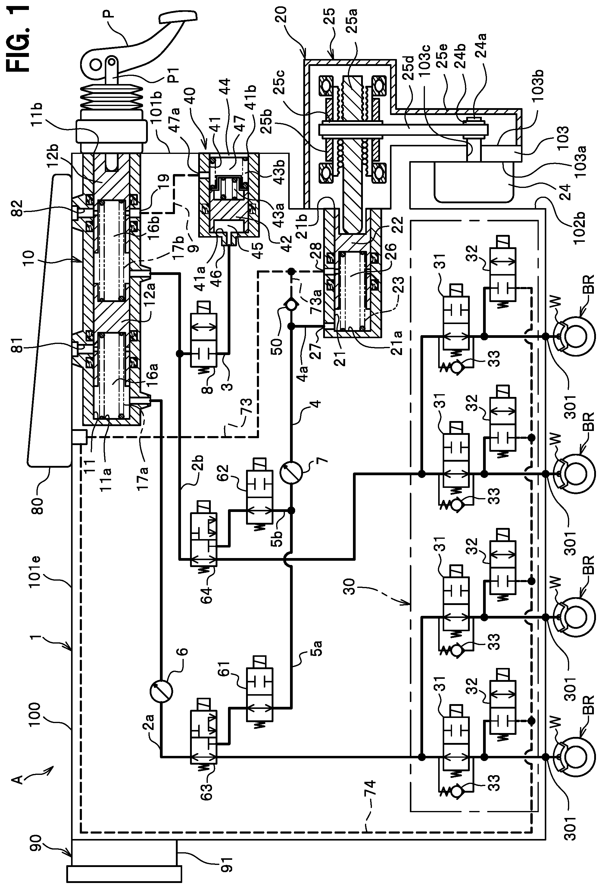 Patent US12472919 Figure 1 – Check valve and brake system