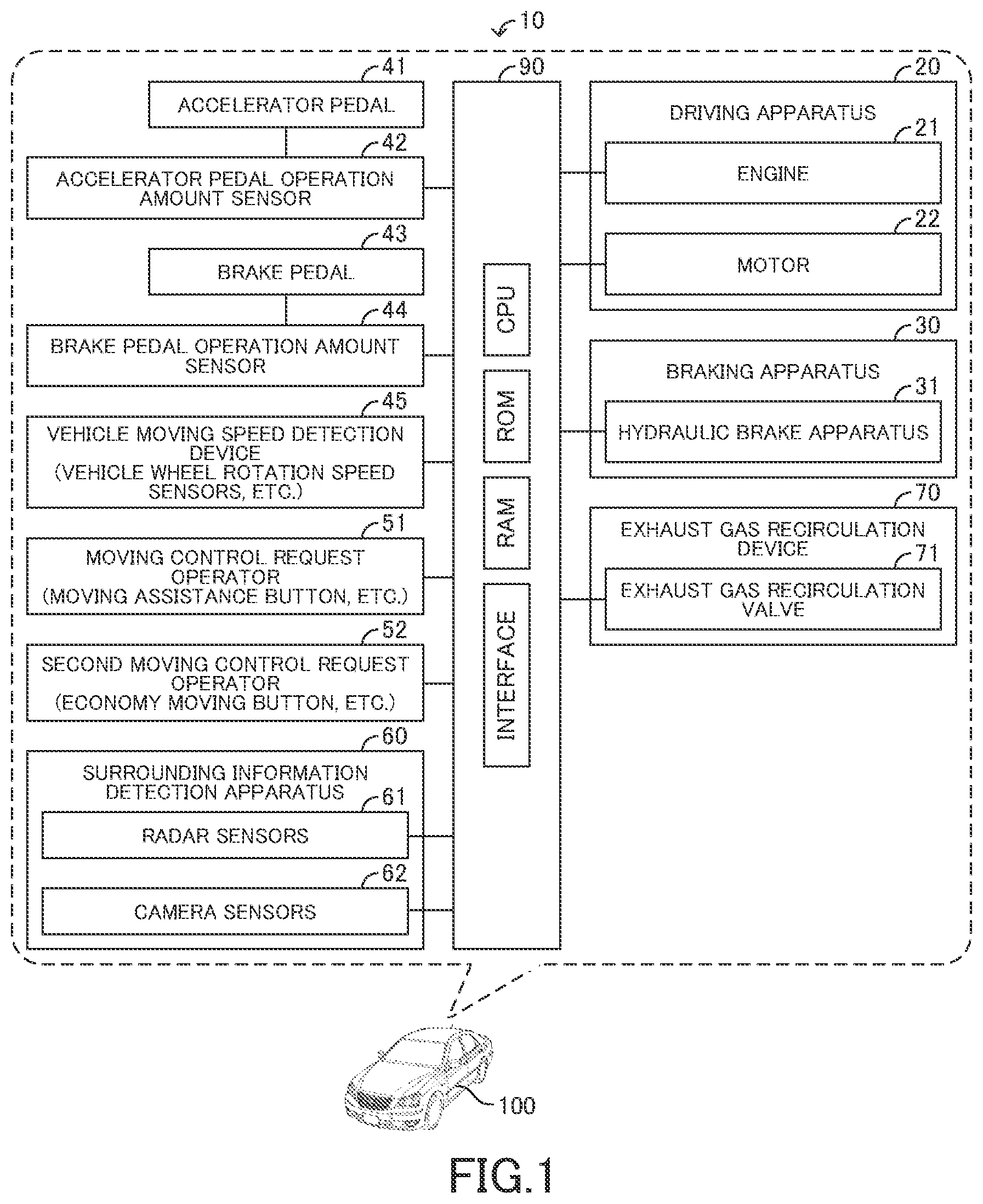 Patent US12472924 Figure 1 – Vehicle moving apparatus with engine start determination values and engine power limitation for moving control