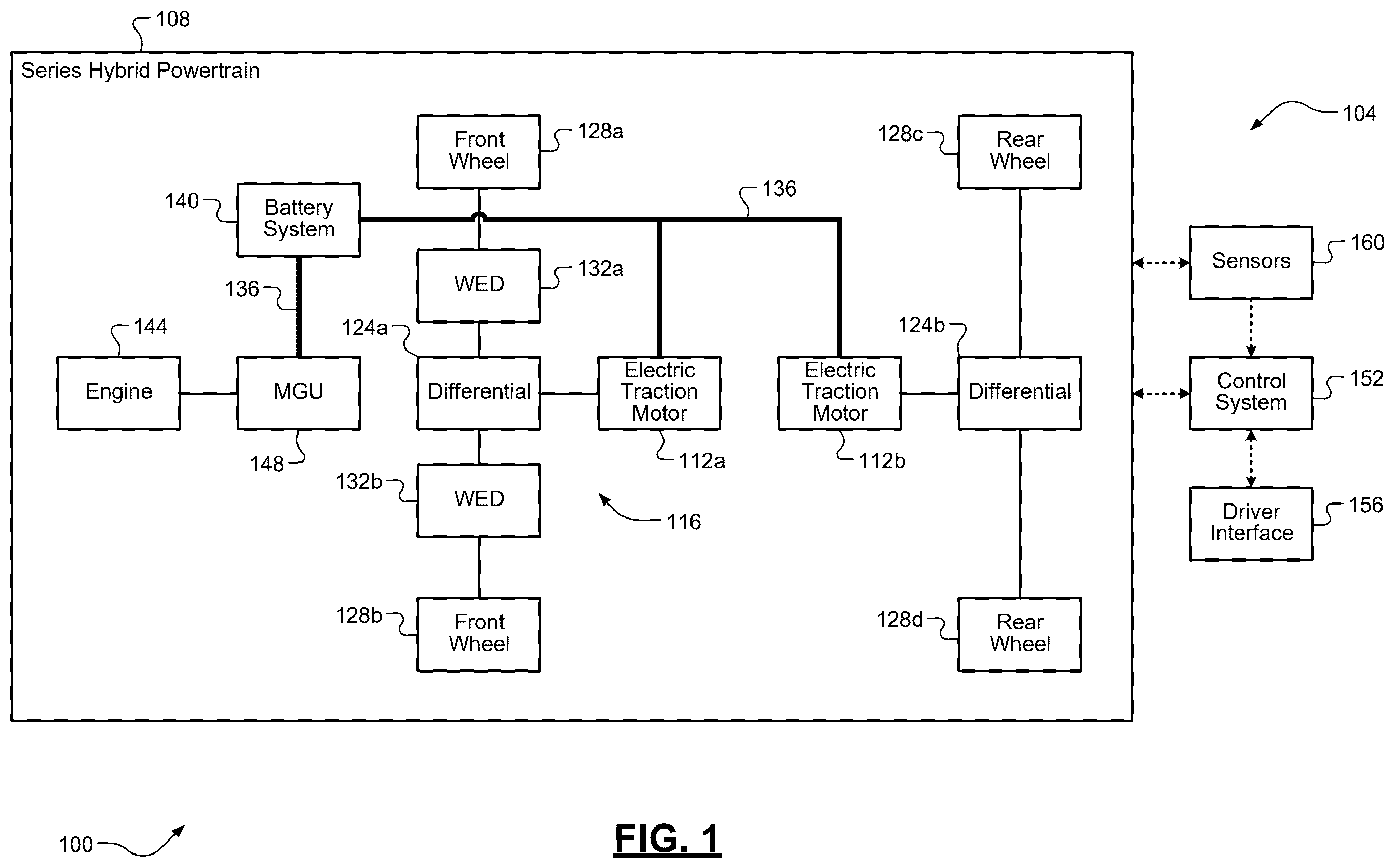 Patent US12472934 — Engine torque control during wheel shaft disconnect transitions on series hybrid powertrains — Figure 1