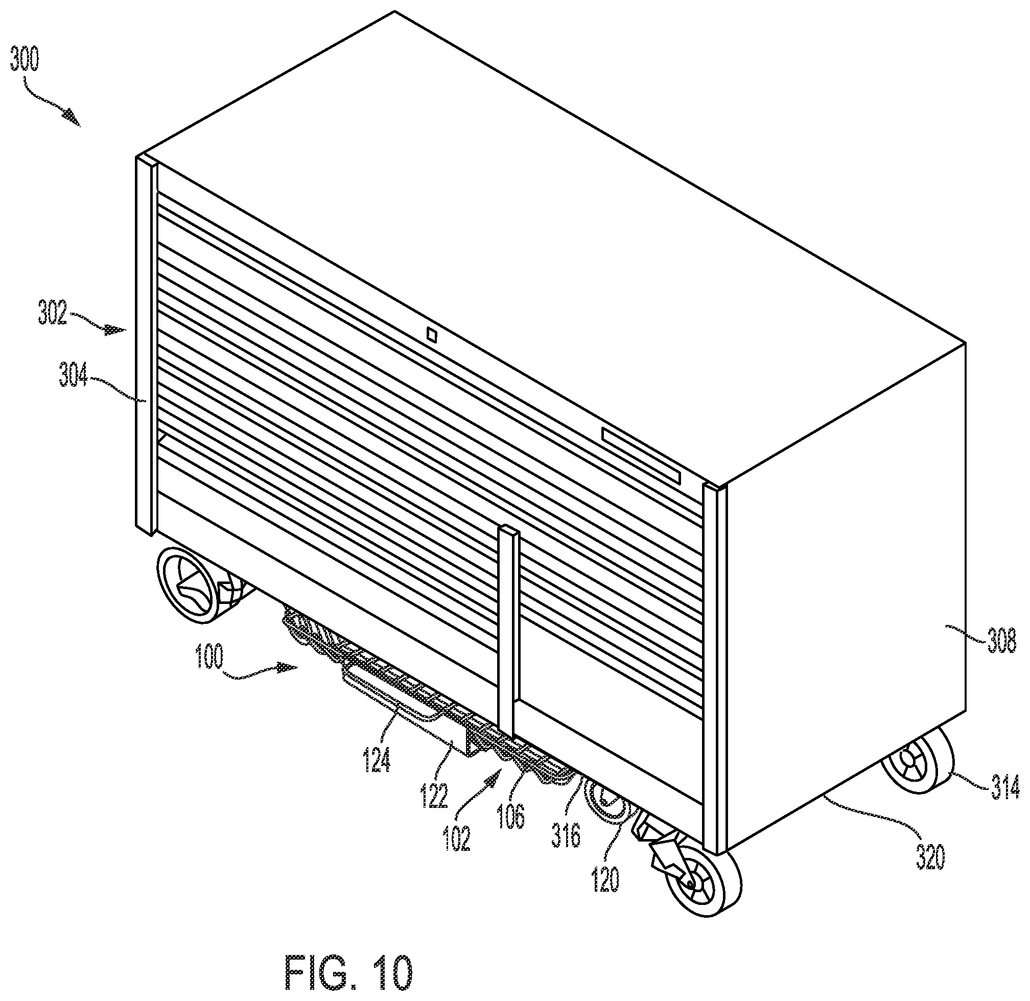 Patent US12479081 Figure 10 – Storage bin with retaining feature