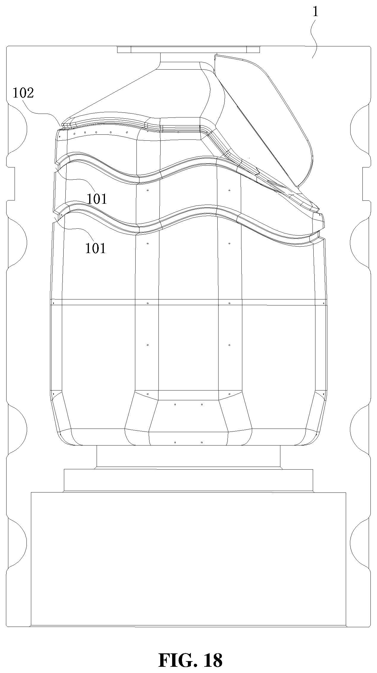 Patent US12479150 Figure 16 – Bottle blowing mold, bottle blowing machine and plastic bottle