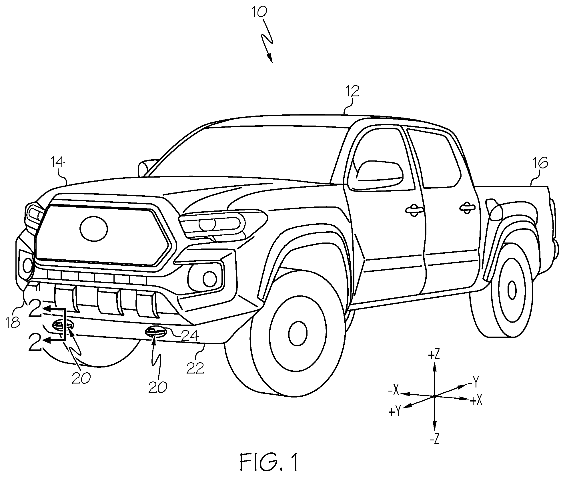 Patent US12479247 Figure 1 – Tow hook assemblies and vehicles including same