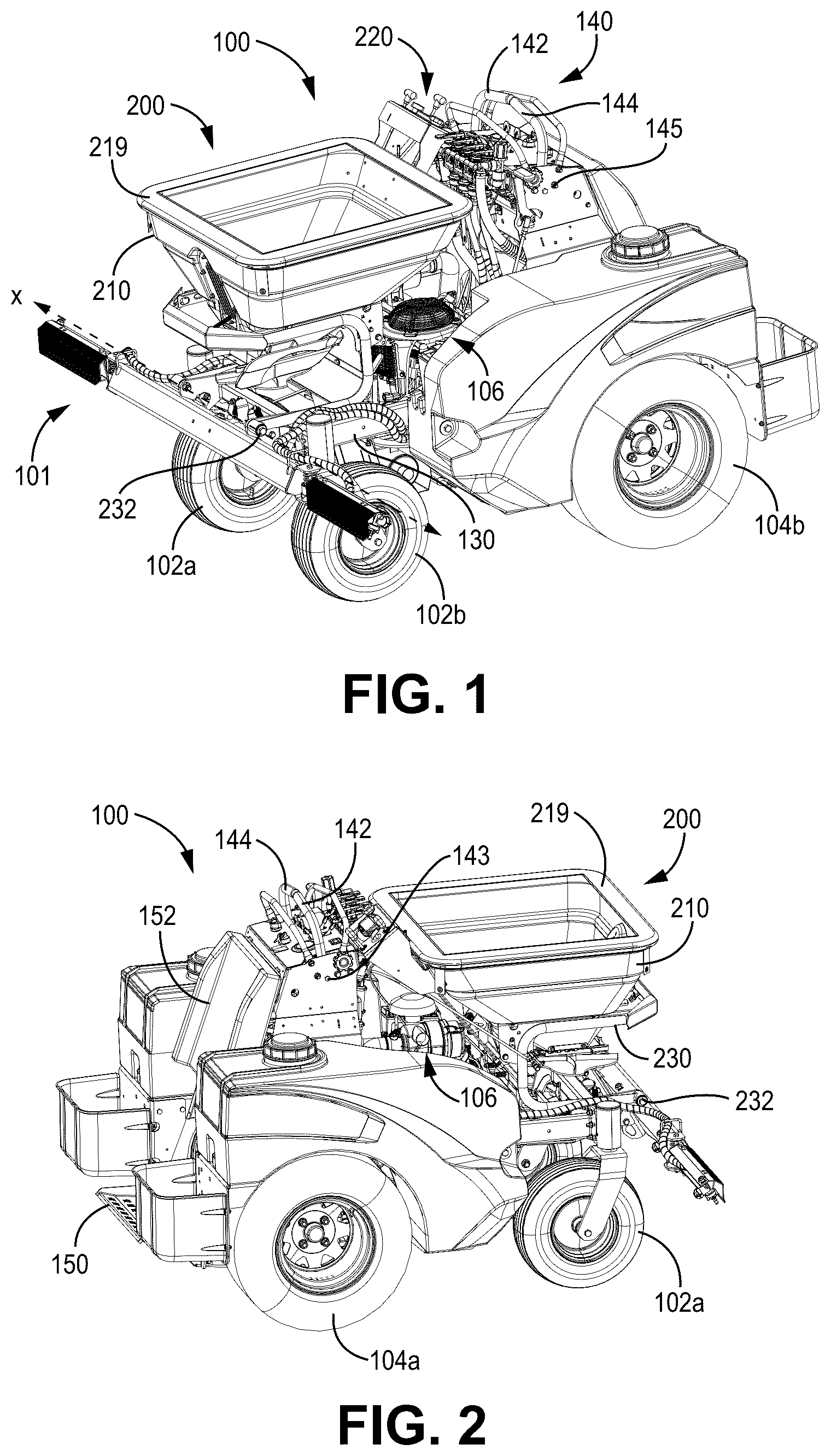 Patent US12479348 Figure 1 – Maintenance vehicle with a hopper assembly