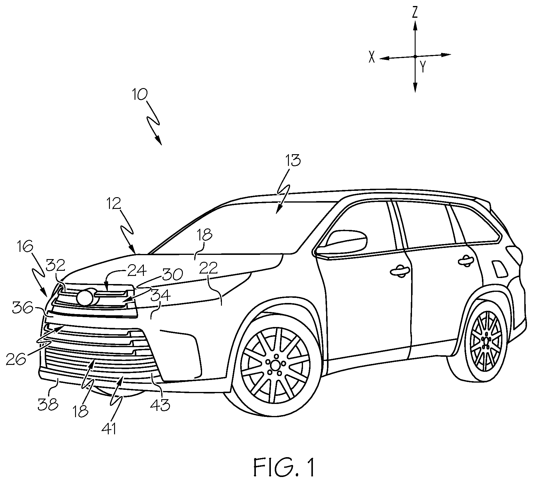 Patent US12479397 Figure 1 – Grille shutters with active upper load path and vehicles including same