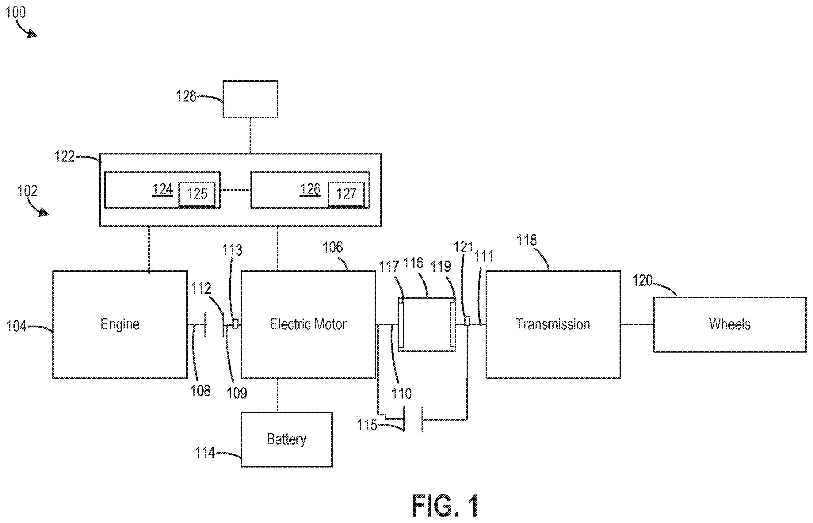 Patent US12479415 Figure 1 – Systems and methods for hybrid transmission control